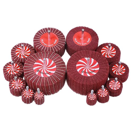 Rocaris - Paquete de 14 ruedas de pulido con solapa de 7 tamaños, vástagos de 1/4 de pulgada para todos los taladros, 80 granos