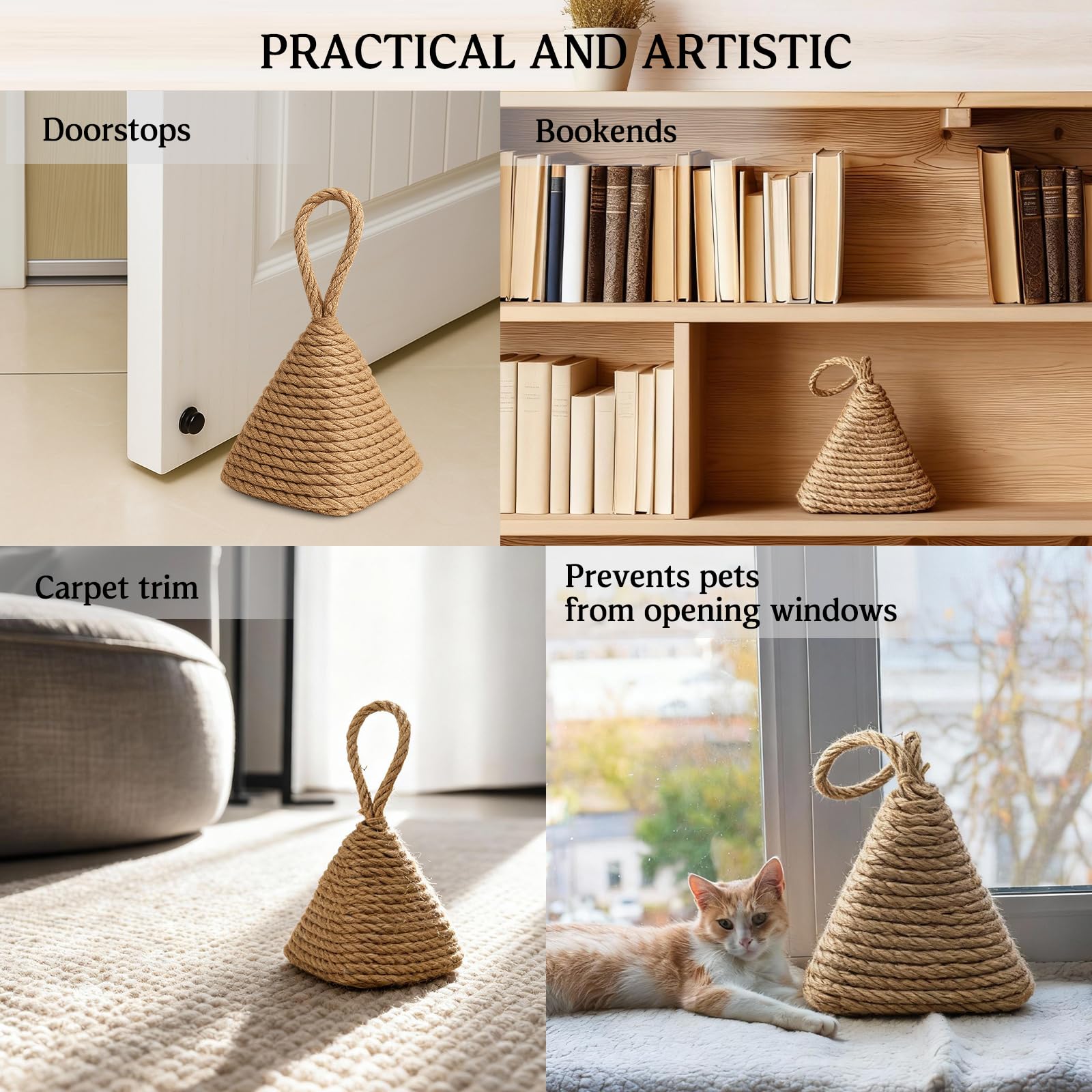 2 fermaporta naturali da 1,3 kg, decorativi con manico, in corda di canapa fatti a mano, fermaporta per finestra, camera da letto, soggiorno, fermalibri, rustico, decorazione per la casa
