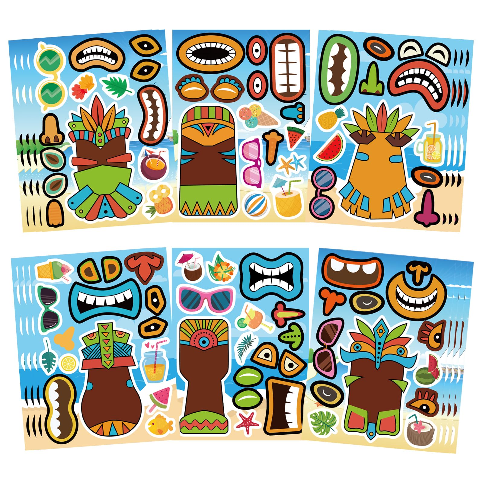 Summer Stickers, Make a Tiki Face Sticker, Tropical Hawaiian Stickers