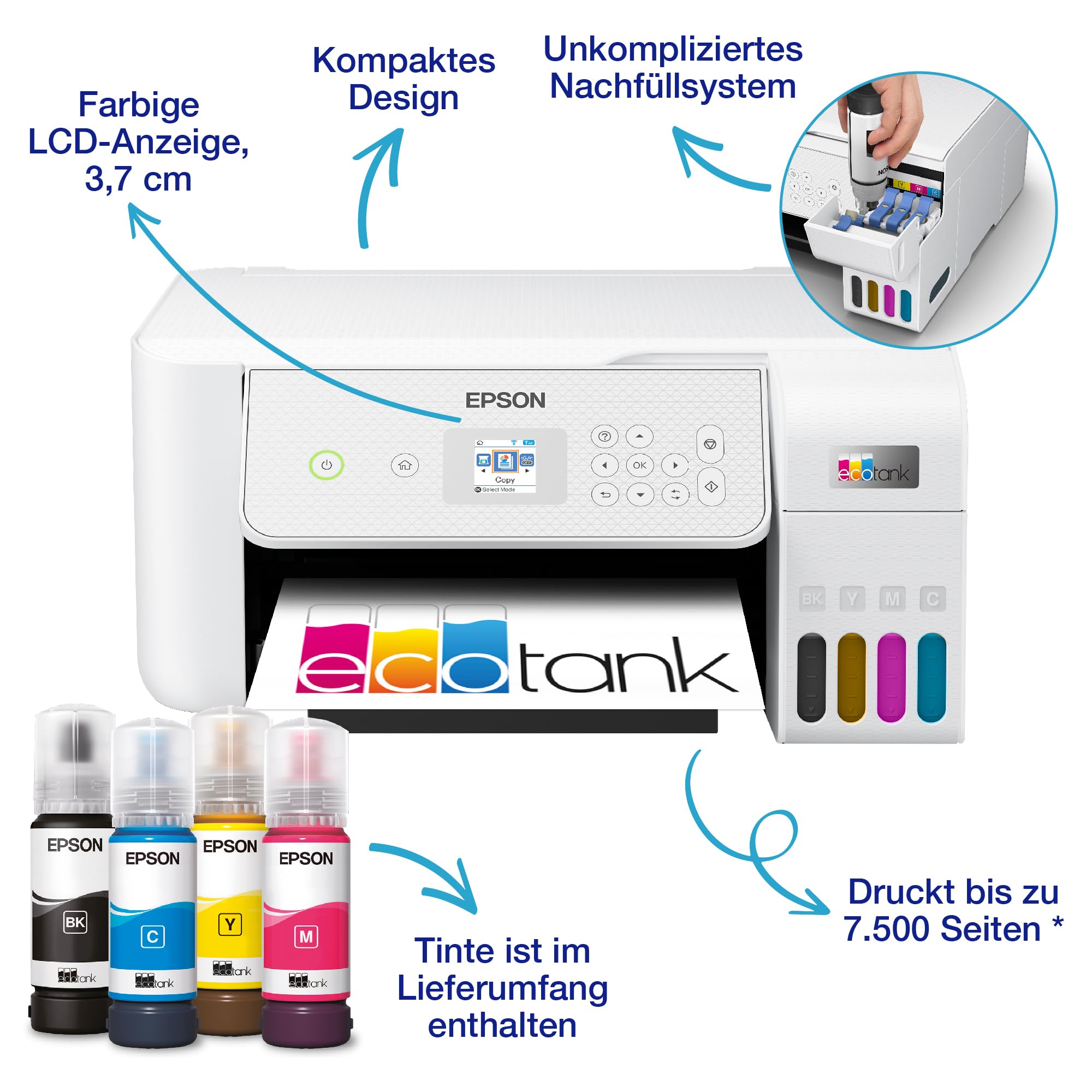 Epson EcoTank ET-2876 A4-Multifunktions-Wi-Fi-Tintentankdrucker, mit einem im Lieferumfang enthaltenen Vorrat an Tinten bis zu 3 Jahren