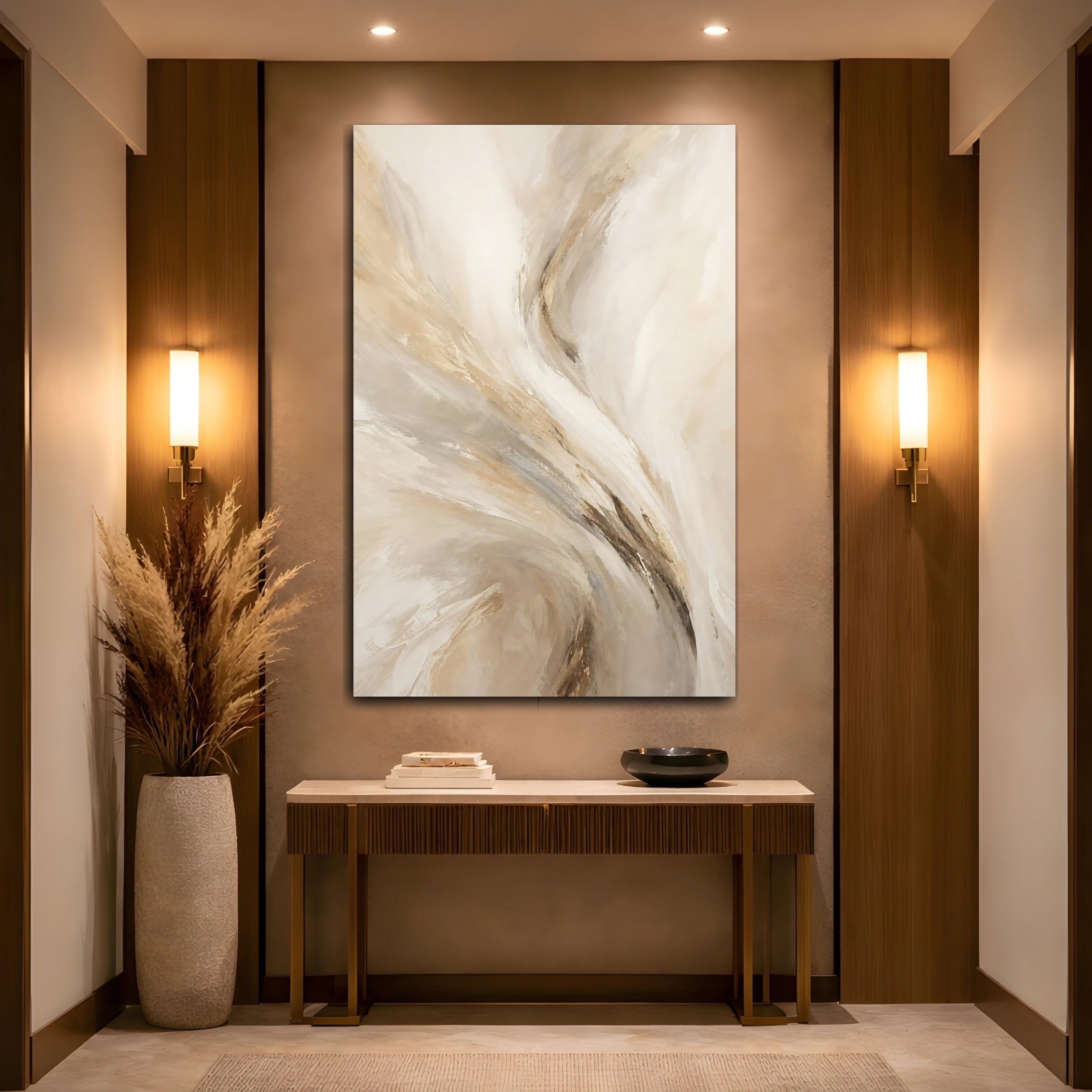 Abstract Swirls Beige Brown Gold Canvas Print – Living Room, Above Fireplace 12×18 inch (30×45 cm) - Vertical / 1.25 inch (3 cm)