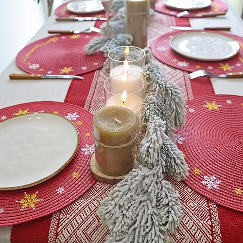 Miniatura 5 de Juego de 6 manteles individuales redondos de Navidad, manteles individuales bordados de Navidad, manteles individuales rojos bordados de Navidad,