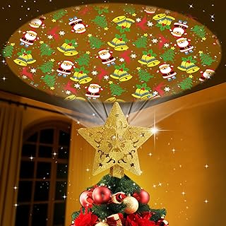 Ubrvhrt Star Christmas Tree Topper Lighted with Built-in Rotating LED Projector, Gold Glitter Starburst Tree Top Projection of 4 Dynamic Images for Christmas Tree Home Office Party Decor Ornament