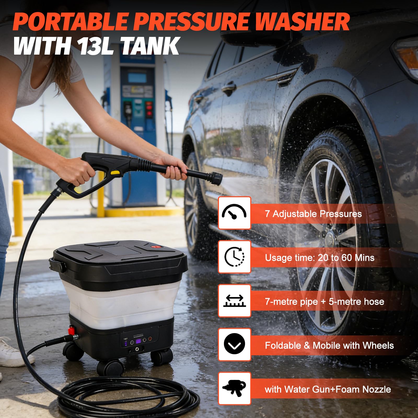 Idropulitrice portatile con serbatoio da 13 l, idropulitrice pieghevole ad alta pressione ugello 6 in 1 Pulitore elettrico portatile per esterni Tubo da 7 m, idropulitrice mobile 660 PSI per