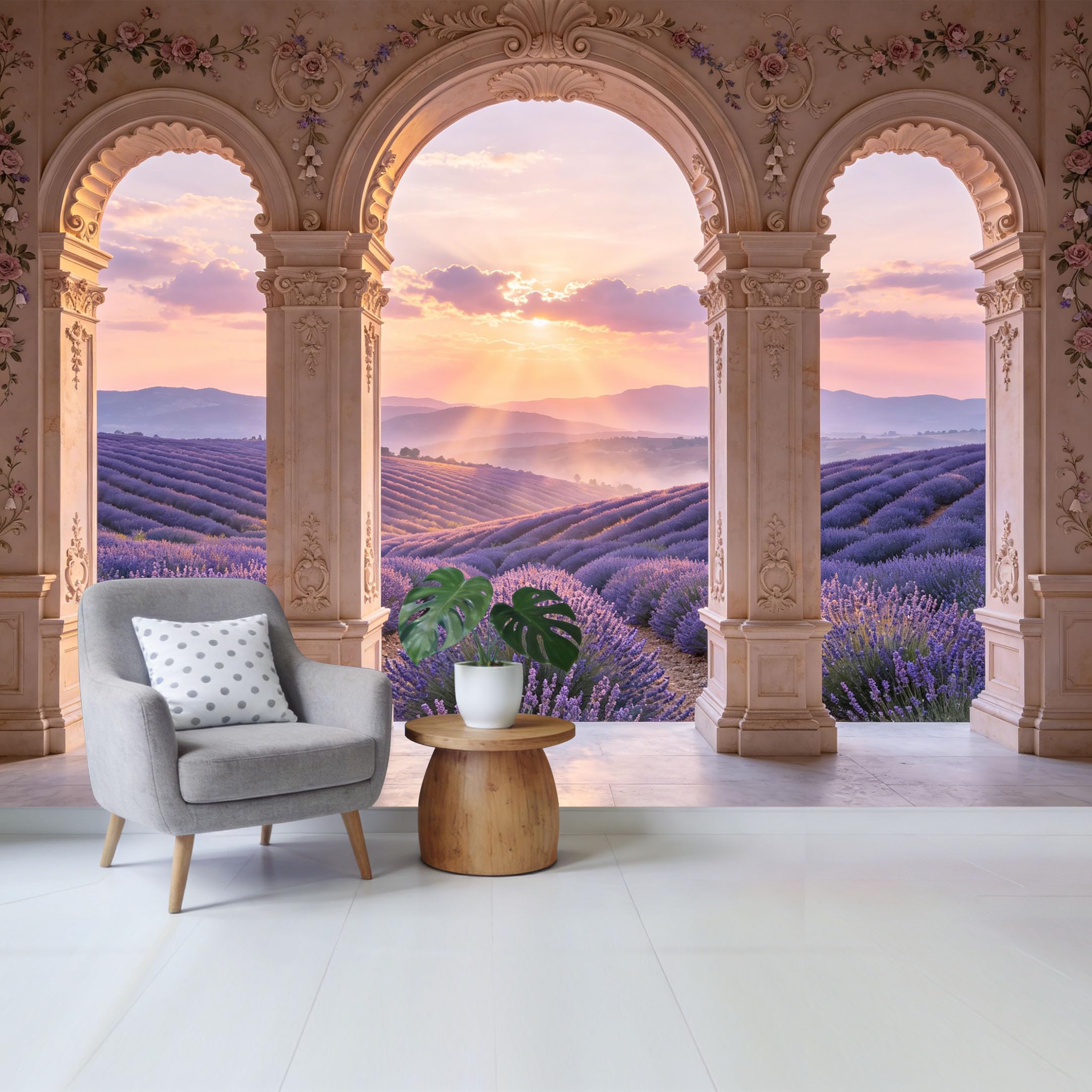 Removable Self Adhesive Fabric Mural， Neoclassical Arch Sunset Lavender Field Custom Size Wall Covering， UV Protected Waterproof Washable Wall Decor for Living Room Bedroom Bathroom