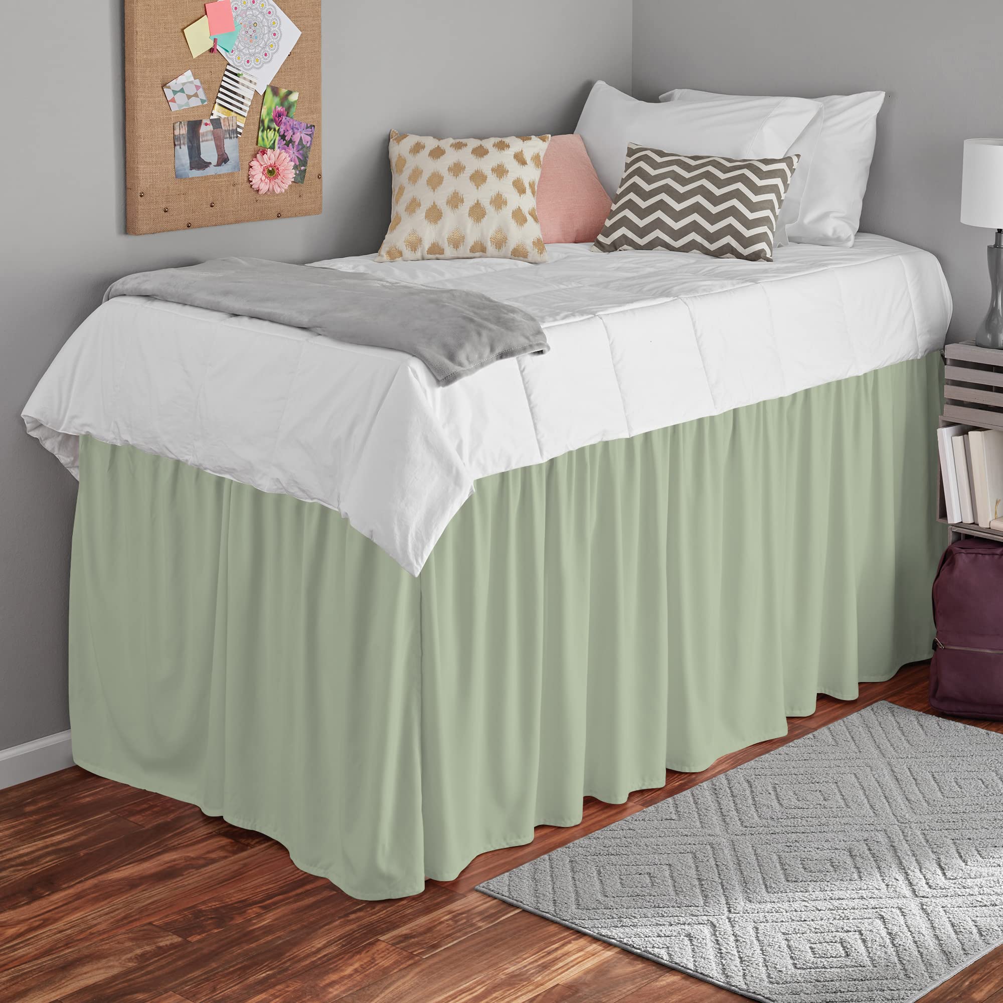 NG Linen1000 Thread Count, 100% Egyptian Cotton, Light Sage Ruffled Dorm Room Bed Skirt with Three Side Coverage in Full Size (54" x 80"+ 32" Inch)