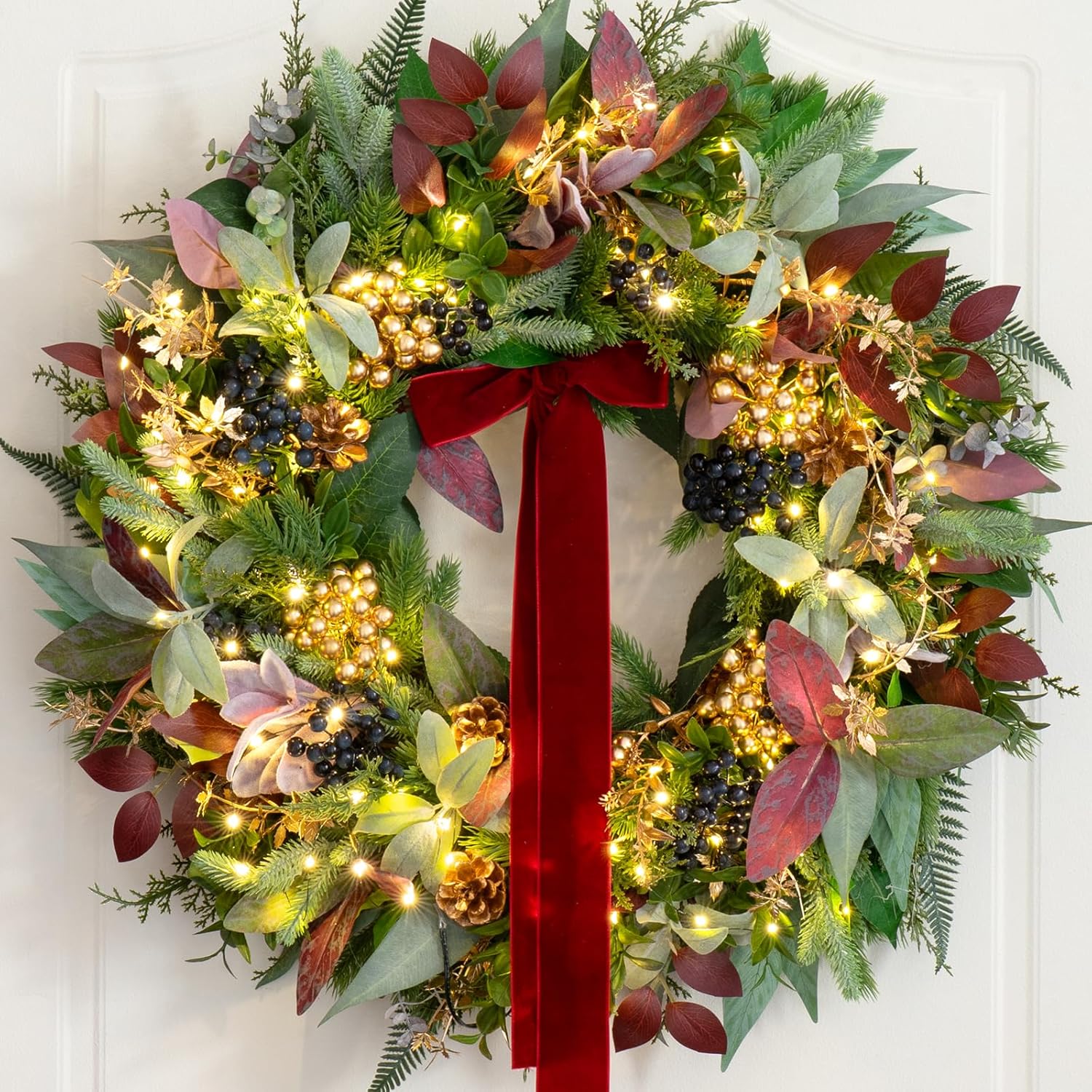24 Inch Pre-Lit Christmas Wreath for Front Door，Christmas Door Wreath with LED Lights, Velvet Bow, Gold Balls and Berries, Lighted Christmas Wreath Winter Decorative for Window Hall Outdoor