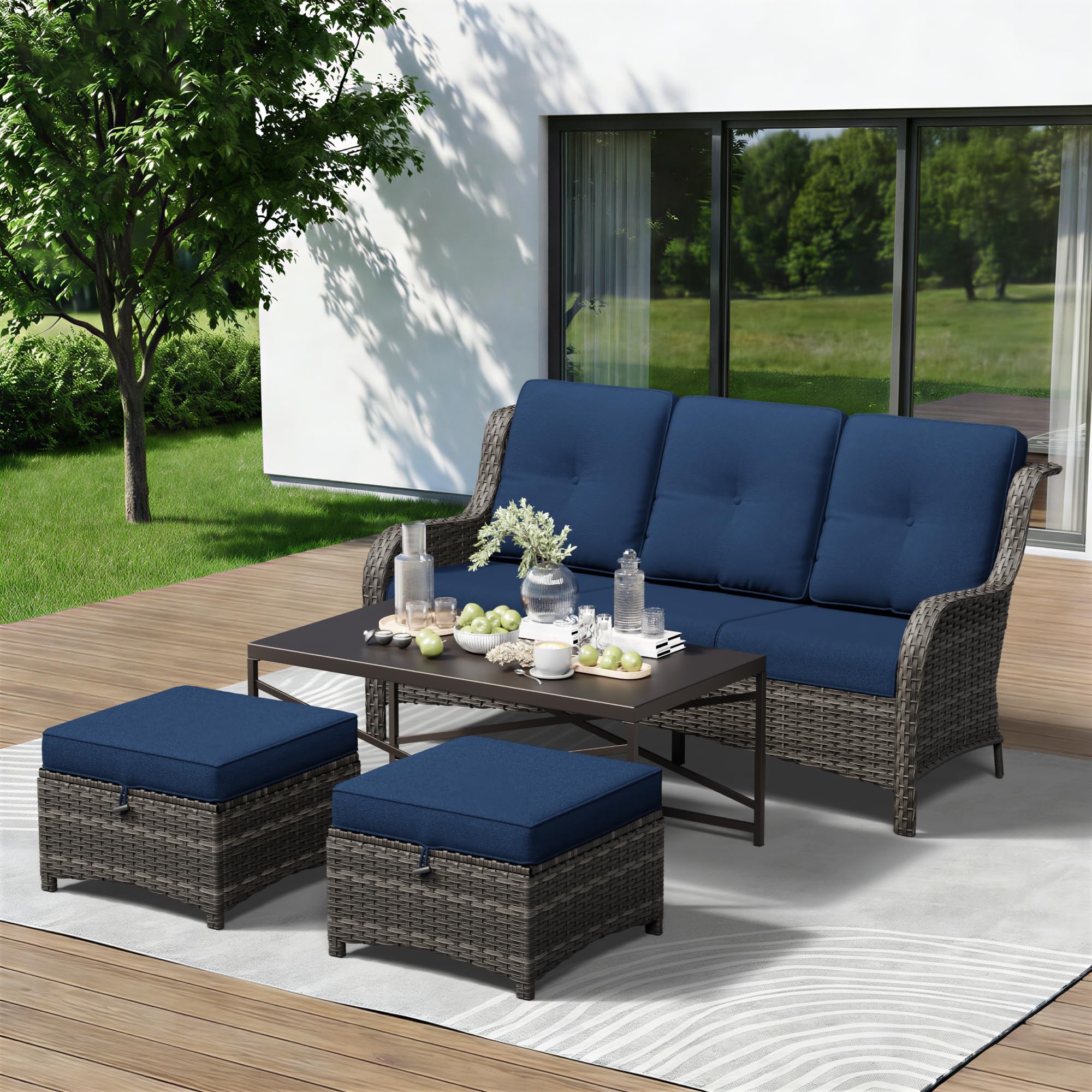 4-Piece Outdoor Couch Set, Includes Wicker Patio Sofa with Thickened Olefin Cushions, High Back and Deep Seating, Hand-Woven PE Rattan and 2 Ottomans, 1 Coffee Table for Porch, Deck