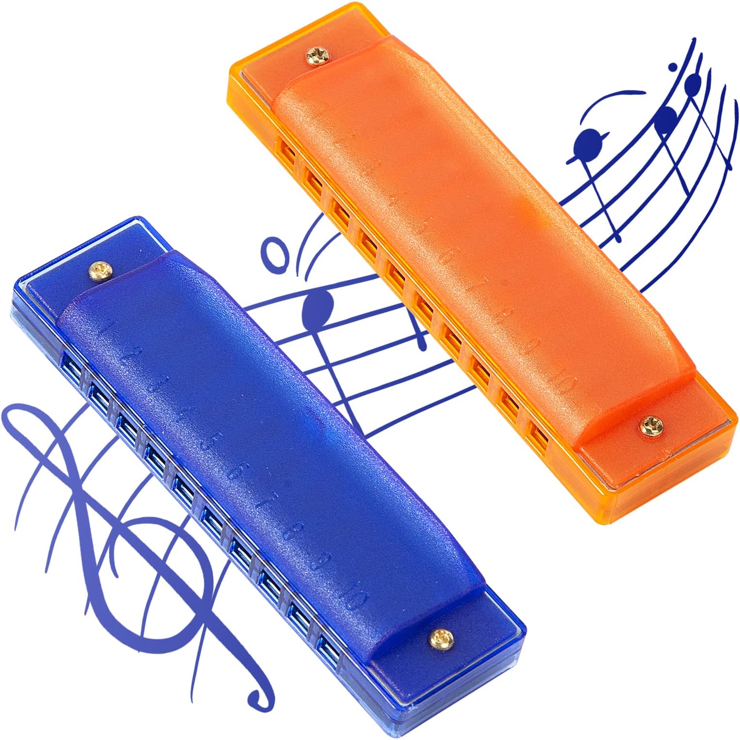 AMOR PRESENT Kids Harmonica, 2PCS for Toddlers 10 Holes Translucent with Case, Party Birthday Gifts (Orange and Blue)