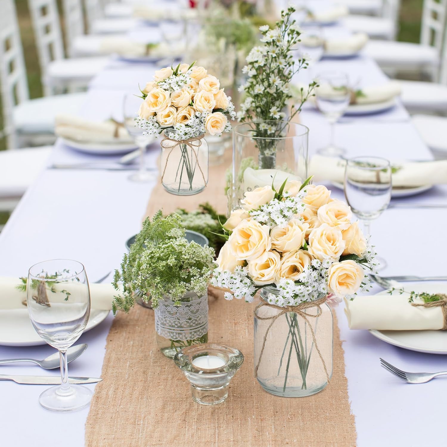 6 Sets Mason Jar Centerpiece Fake Flowers with Vase Silk Roses Artificial Flowers with Artificial Baby's Breath Bouquets, Centerpiece for Home, Table, Party(Champagne) - Image 6
