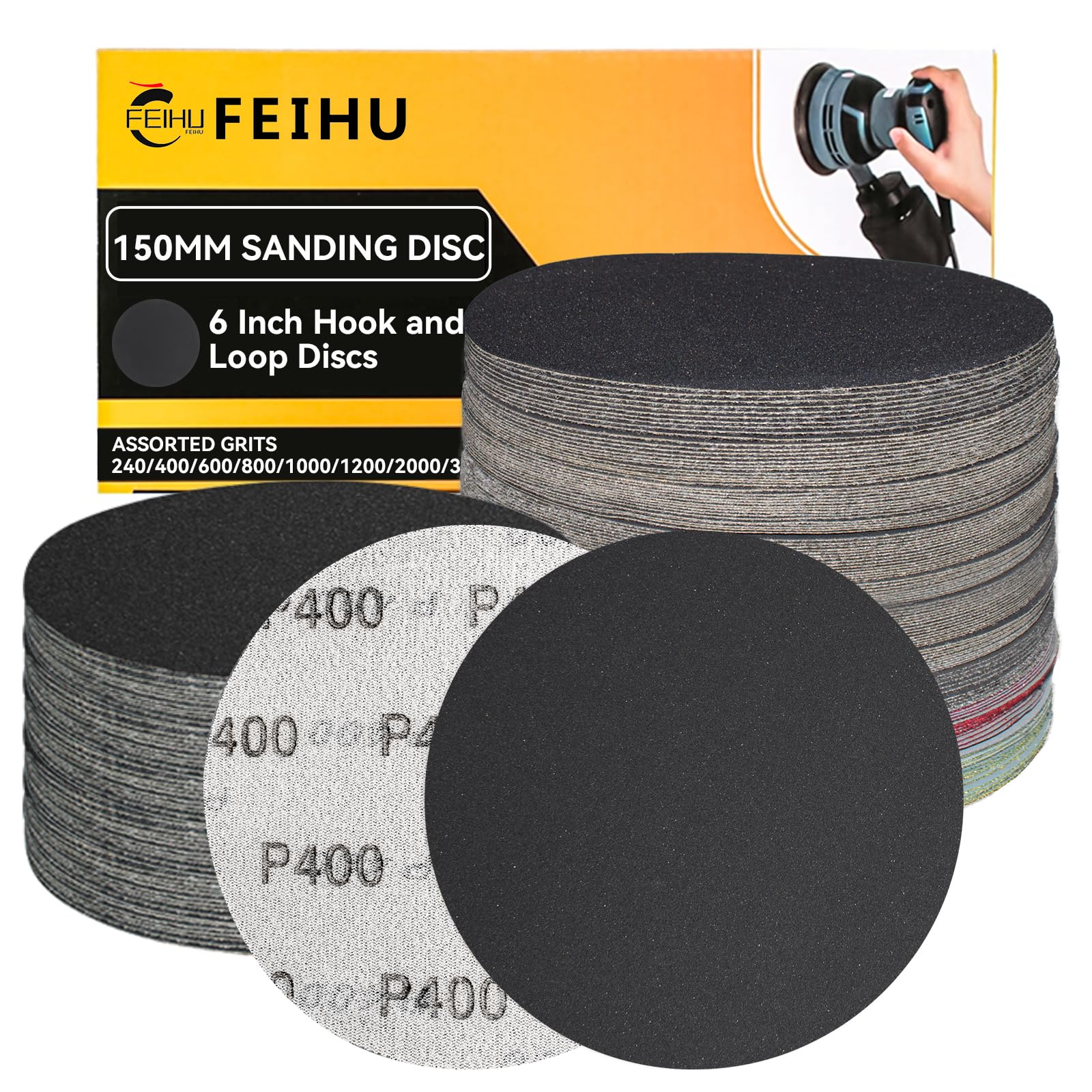 FEIHU 30PCS 400 Grits Sanding Discs 150mm, 6 Inch Hook and Loop Sanding Pads for Circular eccentric sander and suitable for sanding wood and polishing metal