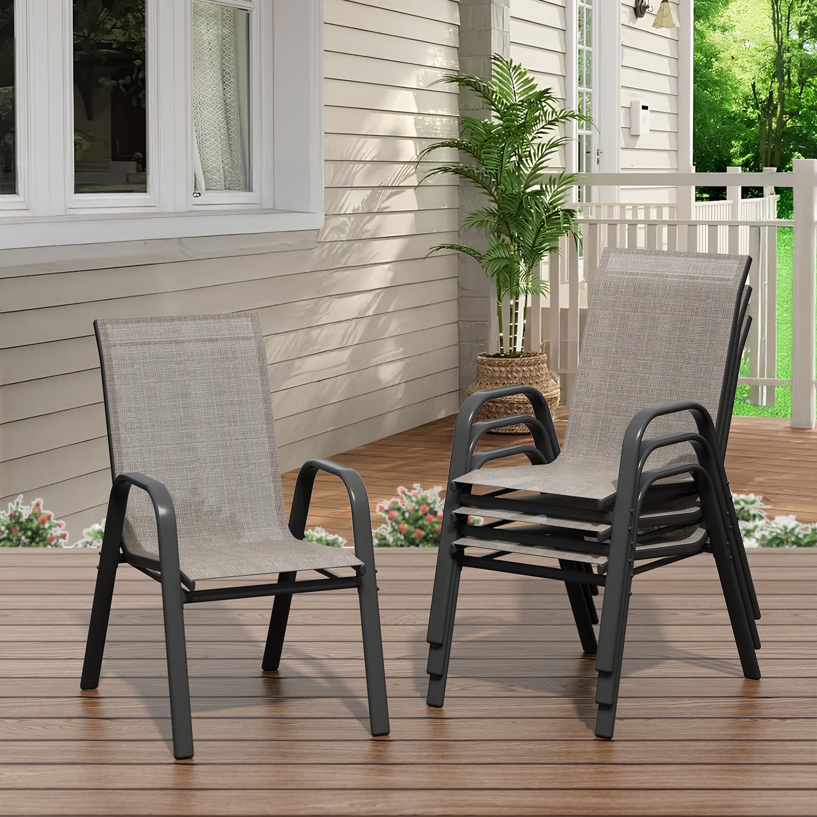 GarveeHome Gartenstühle 4er Set – Stapelbare Textilene Gartenstühle aus Metall, Outdoor Stühle Set wetterfest & rostbeständig, Terrassenstühle 4er Set für Garten, Balkon & Terrasse (Braun)