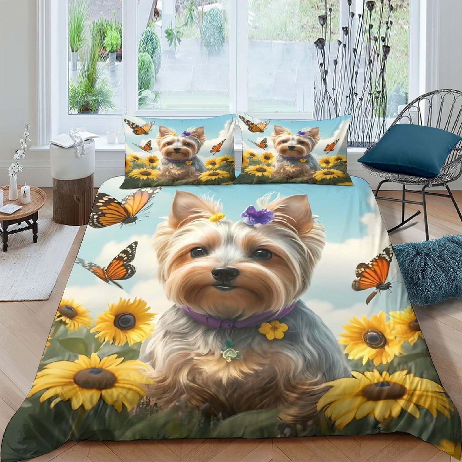 Ctjqhvkz Style-4 3D Printed Yorkshire Terrier Fitted Sheet Microfiber Sunflower Butterfly Bed Cover For Bedroom Dorm Mattress Decor Single（135X200cm）