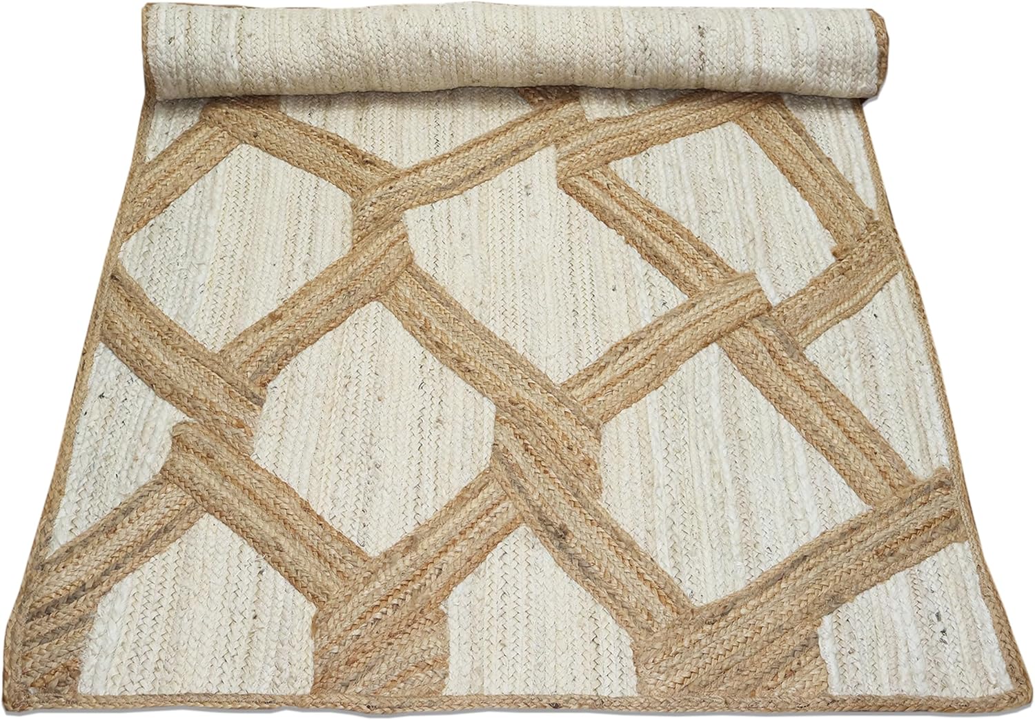 Hand Braided Jute 10x18 Kilim Flatweave Rug Thick 0.27" Geometric Diamond Pattern White & Beige Rugs for Living Room Farmhouse Indoor Outdoor Decorative Floor Carpet