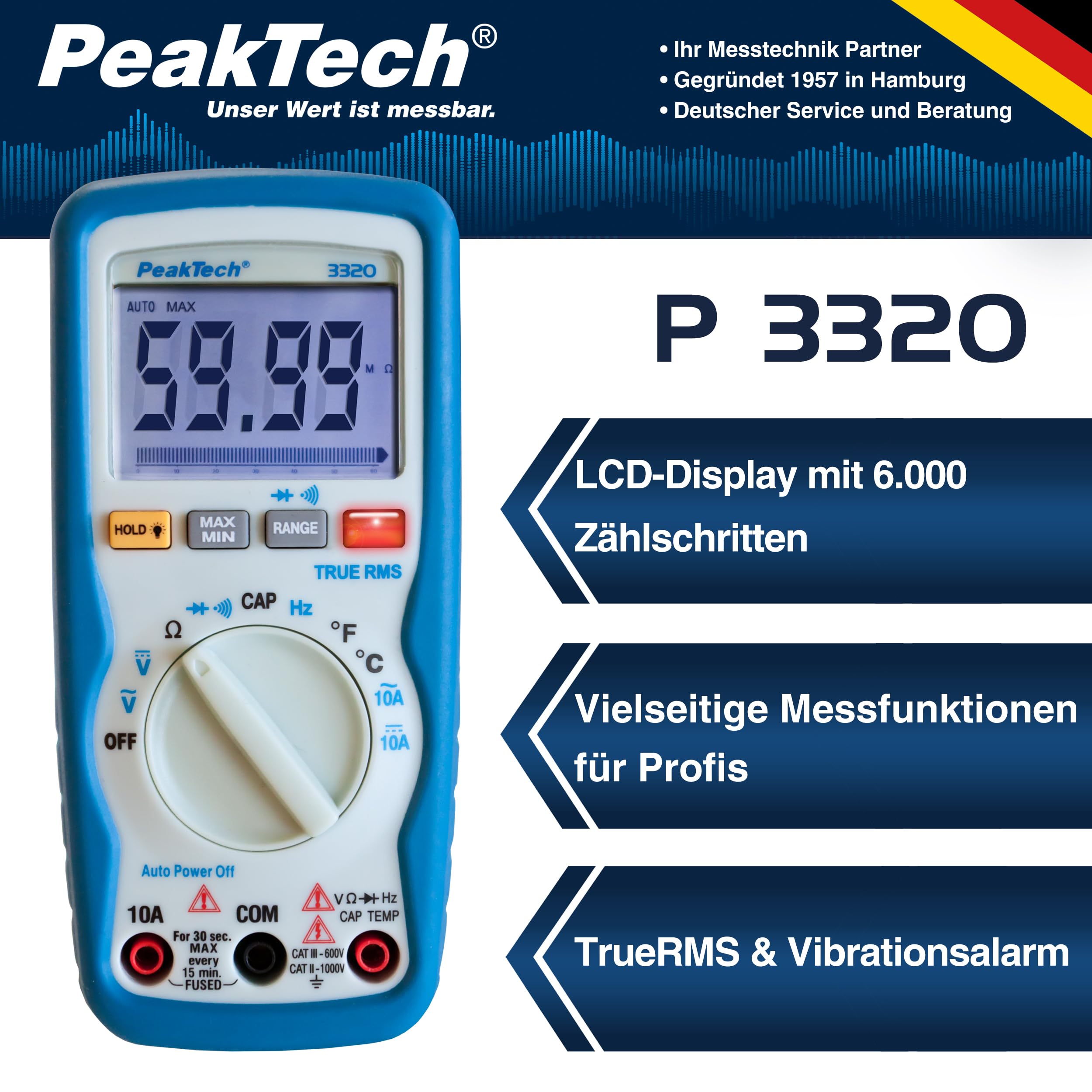 PeakTech P 3320 Digitales Multimeter mit TrueRMS, 10 A AC/DC, 6.000 Zähler, tragbares Multimeter, Voltmeter, Autorange, Durchgangsprüfer, Stromversorgung, Datenspeicher, LCD-Display - CAT III 600 V