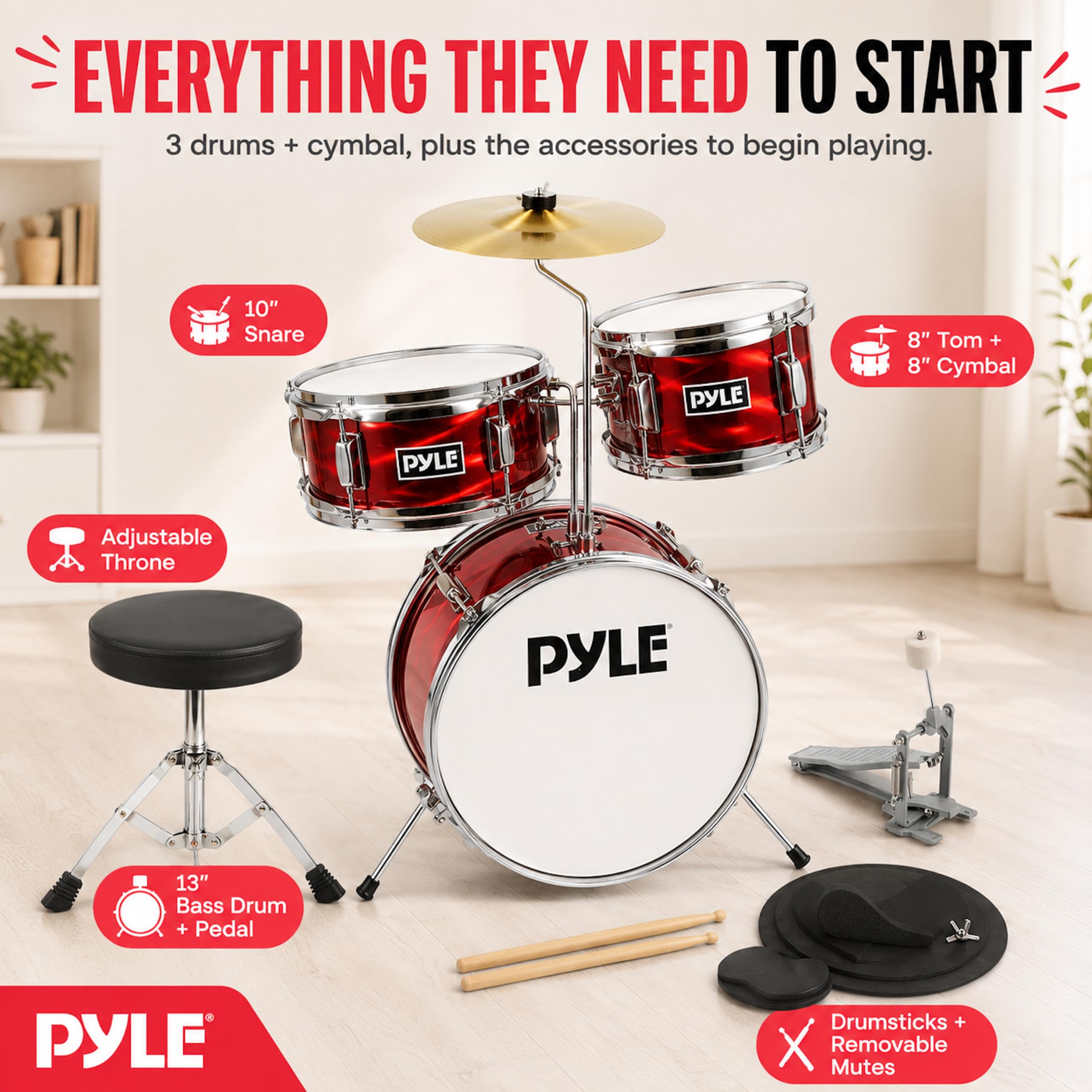 Pyle – Kit Batterie Enfant 3 Pièces – Grosse Caisse 33 Cm, Caisse Claire, Tom, Cymbale, Siège Réglable, Baguettes Et Sourdines – Débutants 3-8 Ans