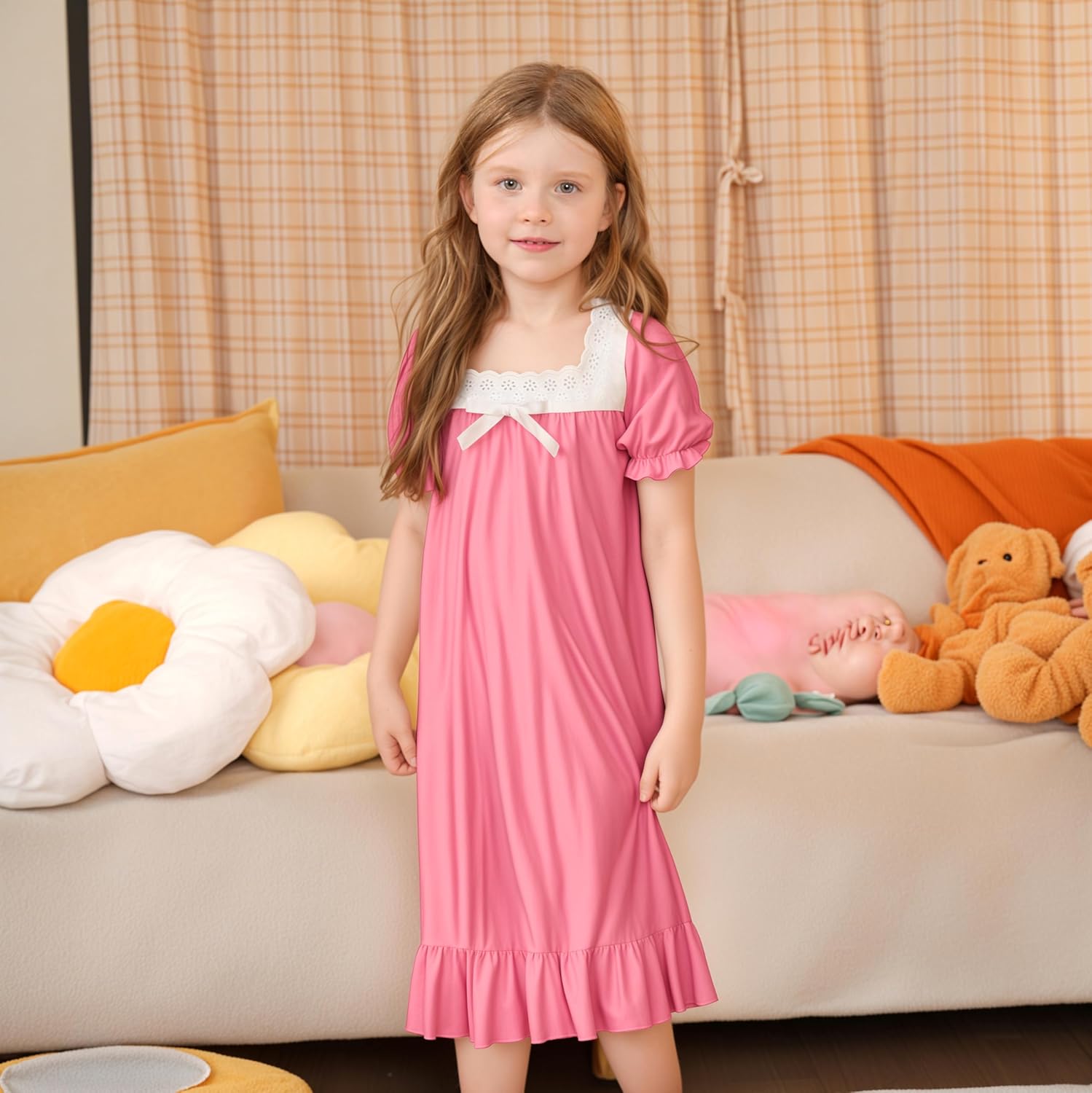 LQSZ Girls Nightgowns Puff Short Sleeve Sleepwear Lace Victorian Princess Pajama 3-10 Years Night Dress for Little Girl - Image 3