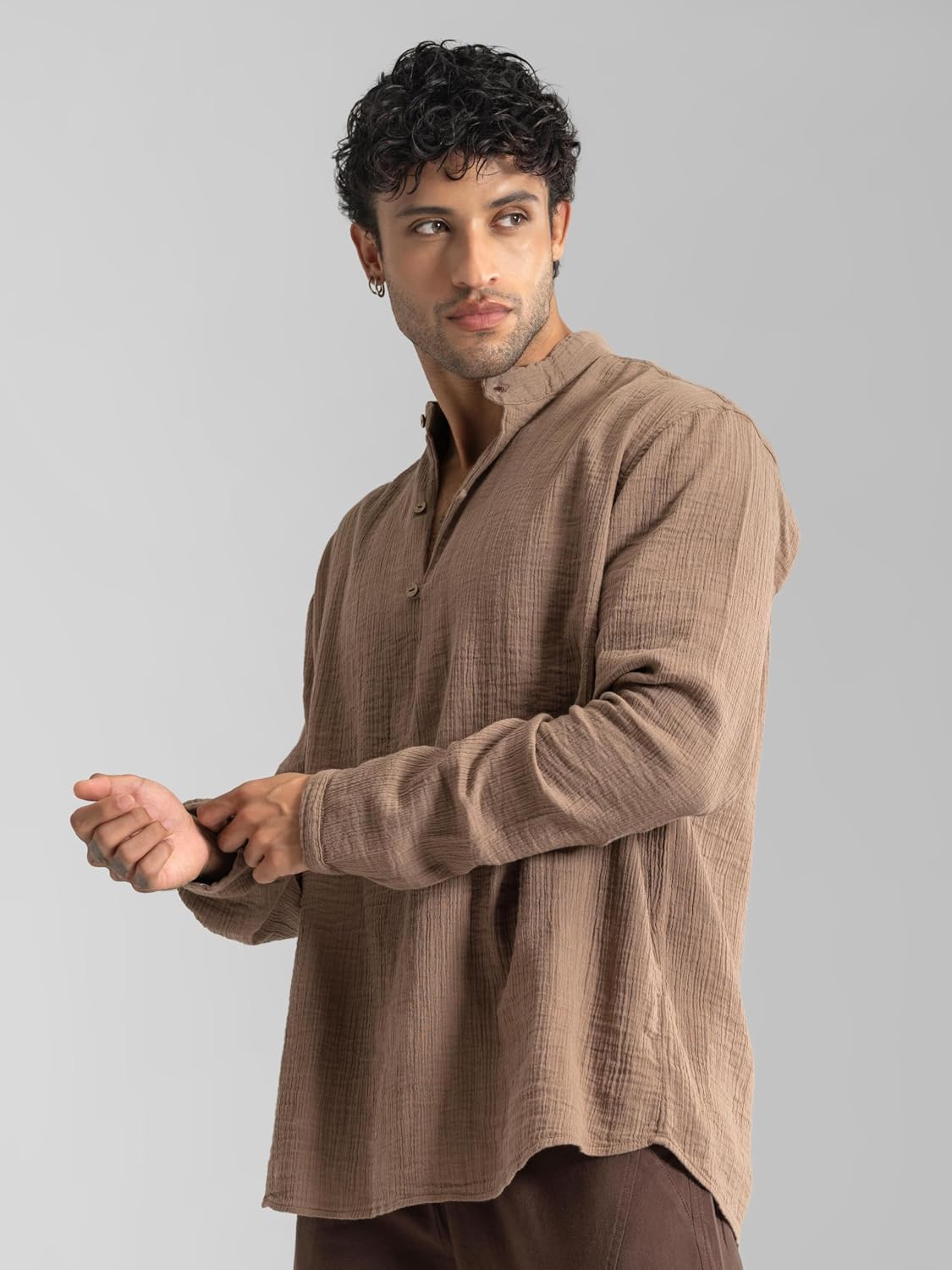 Mandarin Collar Cotton Crinkle Kurta Shirt for Men