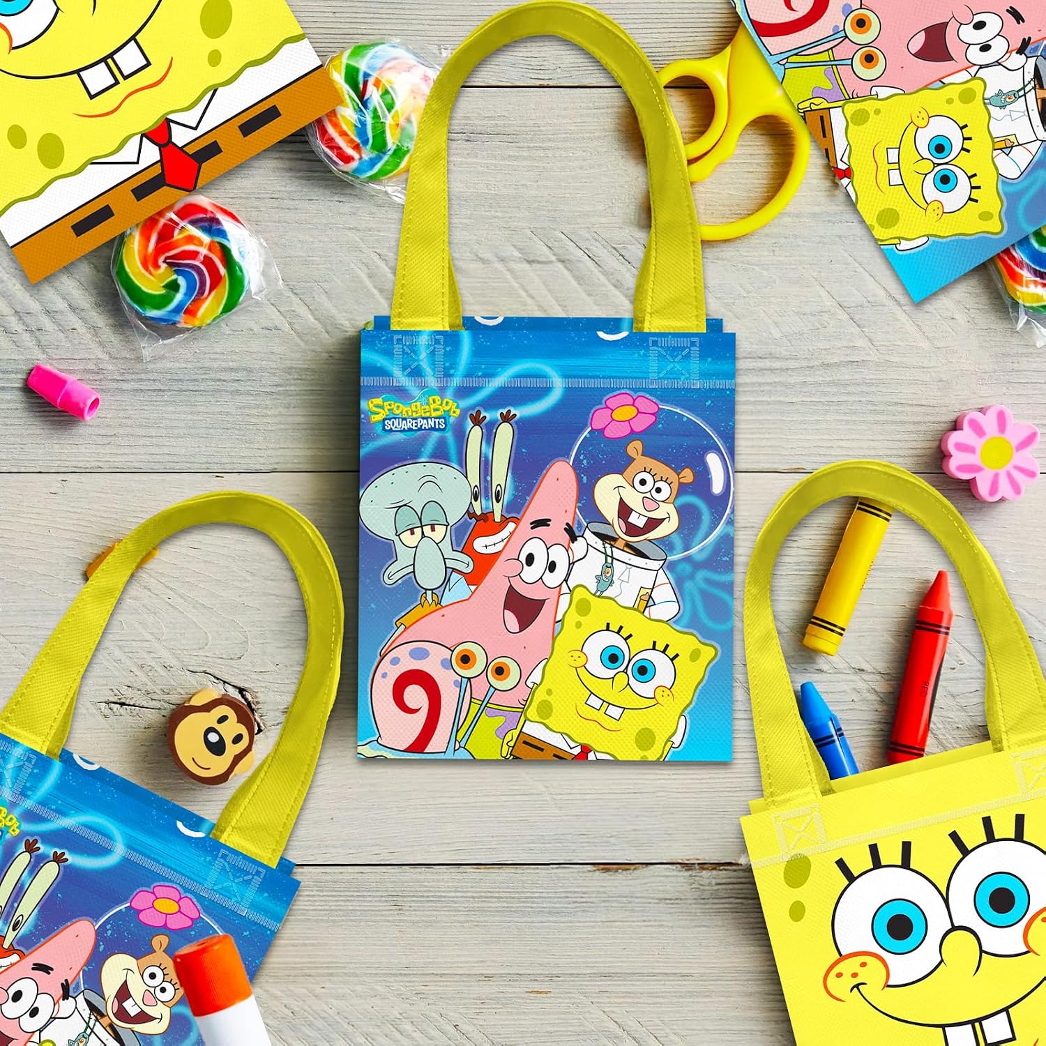 Spongebob Party Favor Bags for Kids Birthday 12 Pack Bundle | Mini 8" Spongebob Squarepants Party Goodie Bags, Bulk Reusable Tote Canvas Gift Bags, Spongebob Party Supplies for Boys Girls