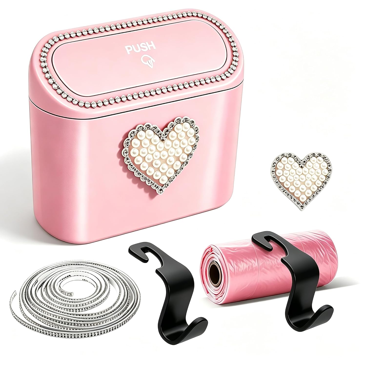 Car Trash Can with Lid Pink Bling, Leakproof, Rhinestone and Pearl Decor, Includes 20 Trash Bags and 2 Car Hooks, Multipurpose for Car, Home, Office