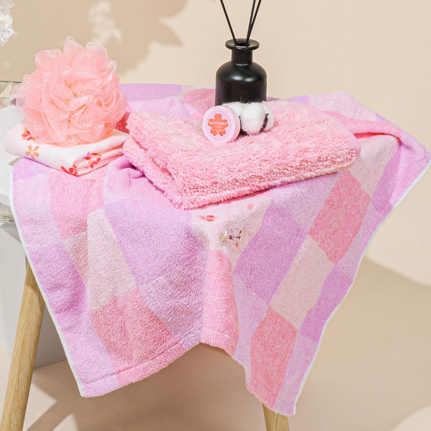 Vie Triomphe Kids Bath Towel Set 5 Piece | 100% Cotton Baby Towels for Boys Girls | Soft Gentle Toddler Bath Towel Set | Cherry Blossom Kids Bathroom Gift Set | Bath Hand Towel Washcloth for Nursery