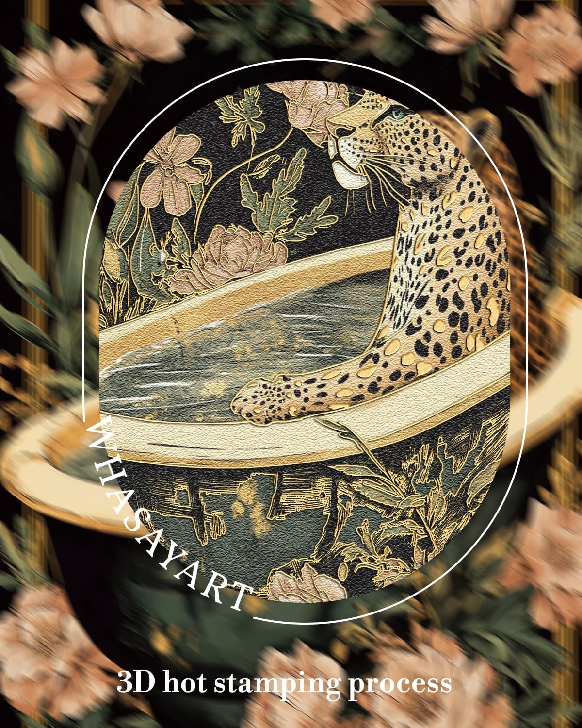 Embossed Gold Foil Lines Leopard in Bathtub with Flowers Framed Canvas Wall Art, 12x16 Animal Floral Print Sandstone Textured 3D Artwork, Modern Rustic Painting Bathroom Room Home Decor
