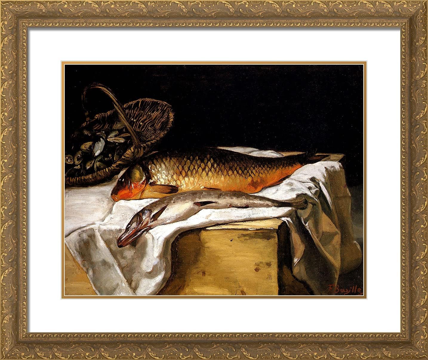 ArtDirect Bazille, Frederic 24x20 Gold Ornate Framed Art Print with Double Matting Titled: Still Life With Fish l