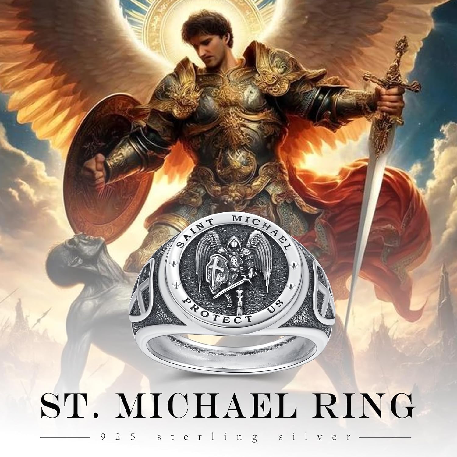 St Michael Ring S925 Sterling Silver Saint Michael Archangel Ring Religious Protector Christmas Jewelry Gifts for Men Women Birthday Anniversary Father's Day#7 8 9 10 11 12 13 14 - Image 2