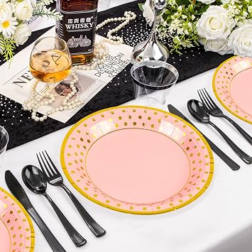 50 Pack Paper Plates & Napkins - 25 * 7inch Dessert Plates & 25 * 6.5inch Napkins - Baby Showers, Wedding Party Decorations (Pink-Gold)