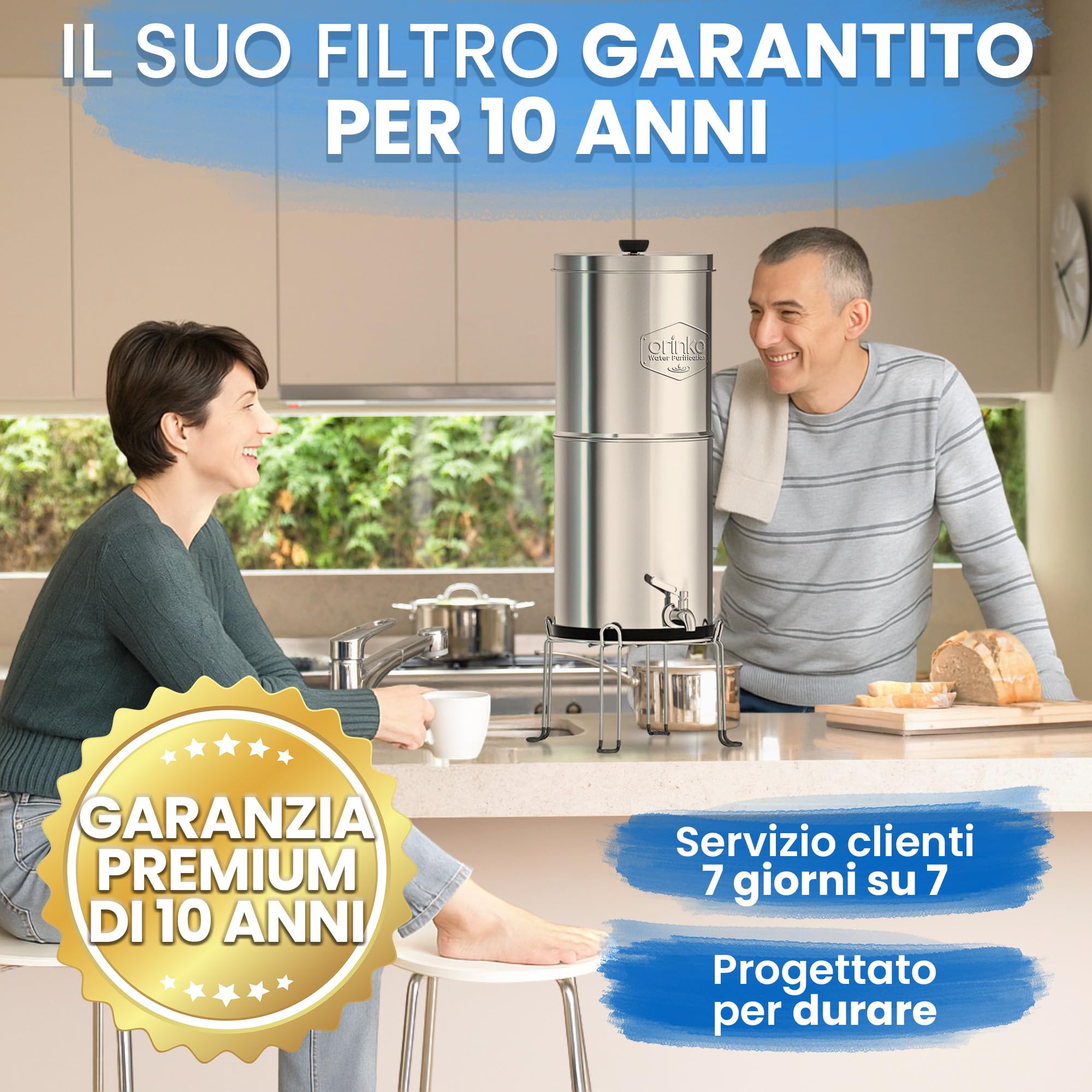 ORINKO Filtro acqua per gravità 8,5 litri con 4 cartucce, purificatore d'acqua con carbone attivo, fontana filtrante per acqua del rubinetto, acqua piovana e altro, filtro avanzato