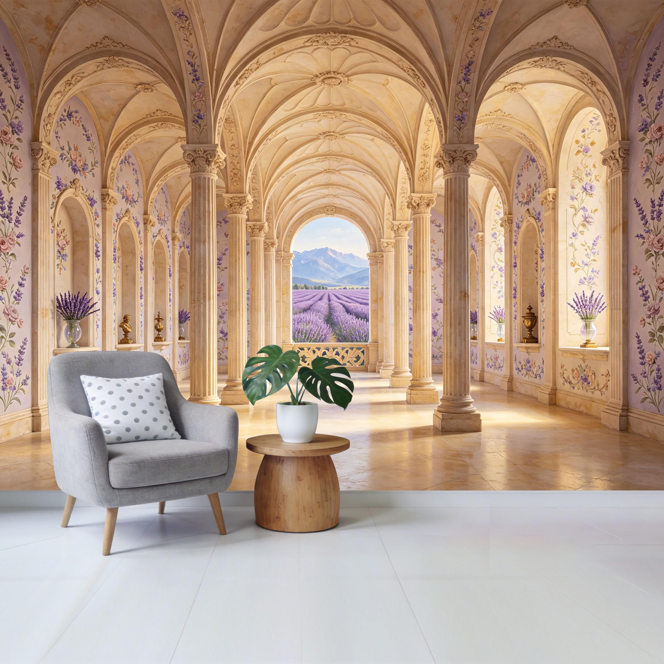 Removable Self Adhesive Fabric Mural， Neoclassical Palace Lavender Field Custom Size Wall Covering， UV Protected Waterproof Washable Wall Decor for Living Room Bedroom Bathroom