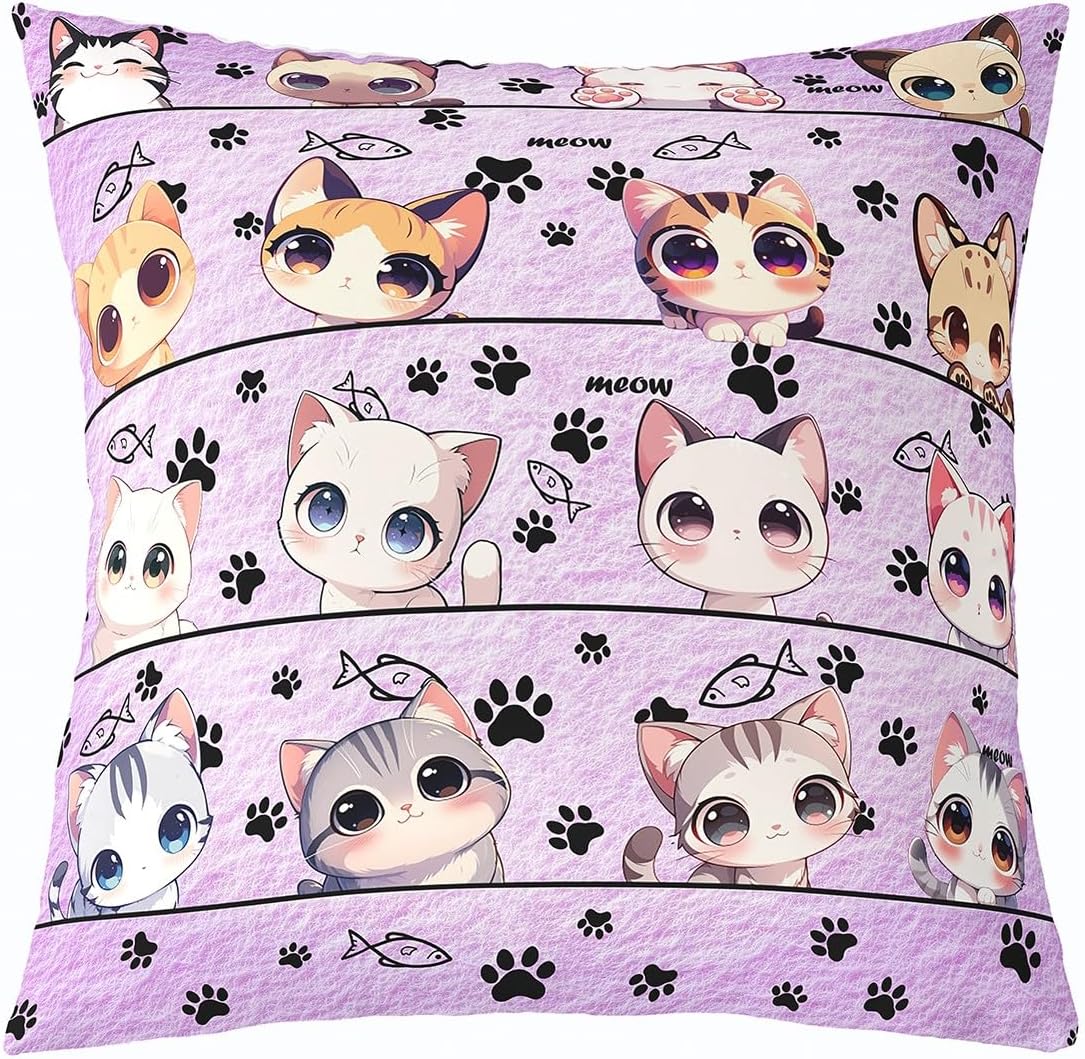 Cute Cat Pillow Cover,Cat Kitten Kitty Pet Lover Pillowcase Soft Square 18"x18" Cushion Case,Cartoon Animas Light Purple Throw Pillow Cover Single Pack for Room Decor Double Sides Print