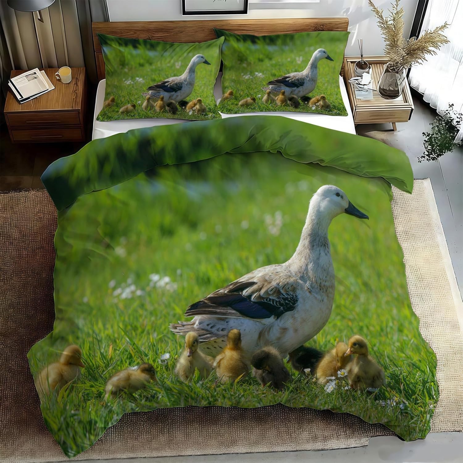 3-częściowy komplet pościeli 220 x 240 cm, z nadrukiem 3D, kaczka, miękka, przytulna, z mikrofibry, z zamkiem błyskawicznym i 2 poszewkami na poduszkę 80 x 80 cm, C/1404