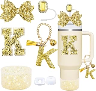 7PCS Gold Cup Accessories Set for Stanley Cup 30oz/40oz,Includes Jewel Straw Topper,Spill Proof Stopper,Initials Decorations,Handle Charm,Silicone Boot,Letter Sticker,Bling Bow (Gold K)