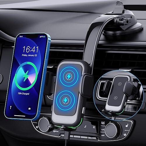 Tenpoform - Cargador inalámbrico para automóvil, carga rápida Qi de 15 W, soporte de teléfono con sujeción automática, soporte de teléfono para