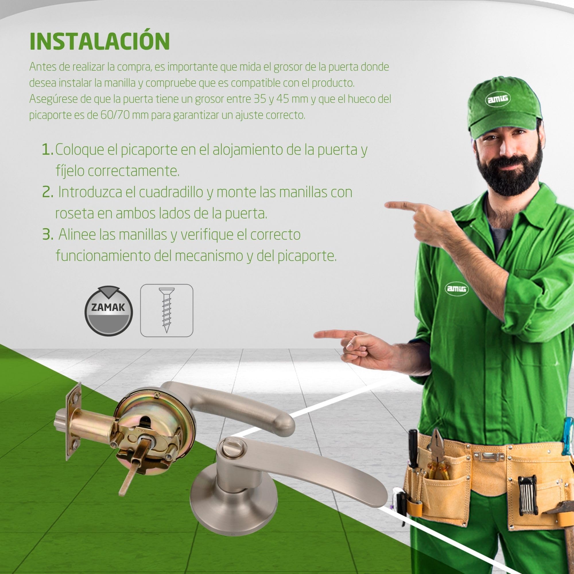 Amig - Juego de 2 Manillas de entrada con Picaporte - Con Llave Exterior y Condena Interior - Sistema Antitarjeta - Latón - Cromado mate - Picaporte de entrada de 60/70mm