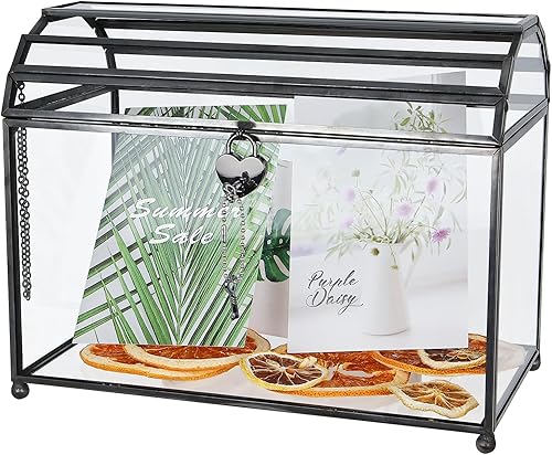 HighFree Caja grande de cristal para tarjetas de boda de 12.2 pulgadas con ranura y cerradura, terrario geométrico de cobre hecho a mano, caja