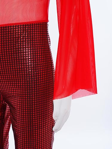 FEESHOW Girls Metallic Plaid Mesh Splice Dance Unitard Long Flared Sleeve Bell Bottom Jumpsuit Full Body Disco Romper Red 12 Years
