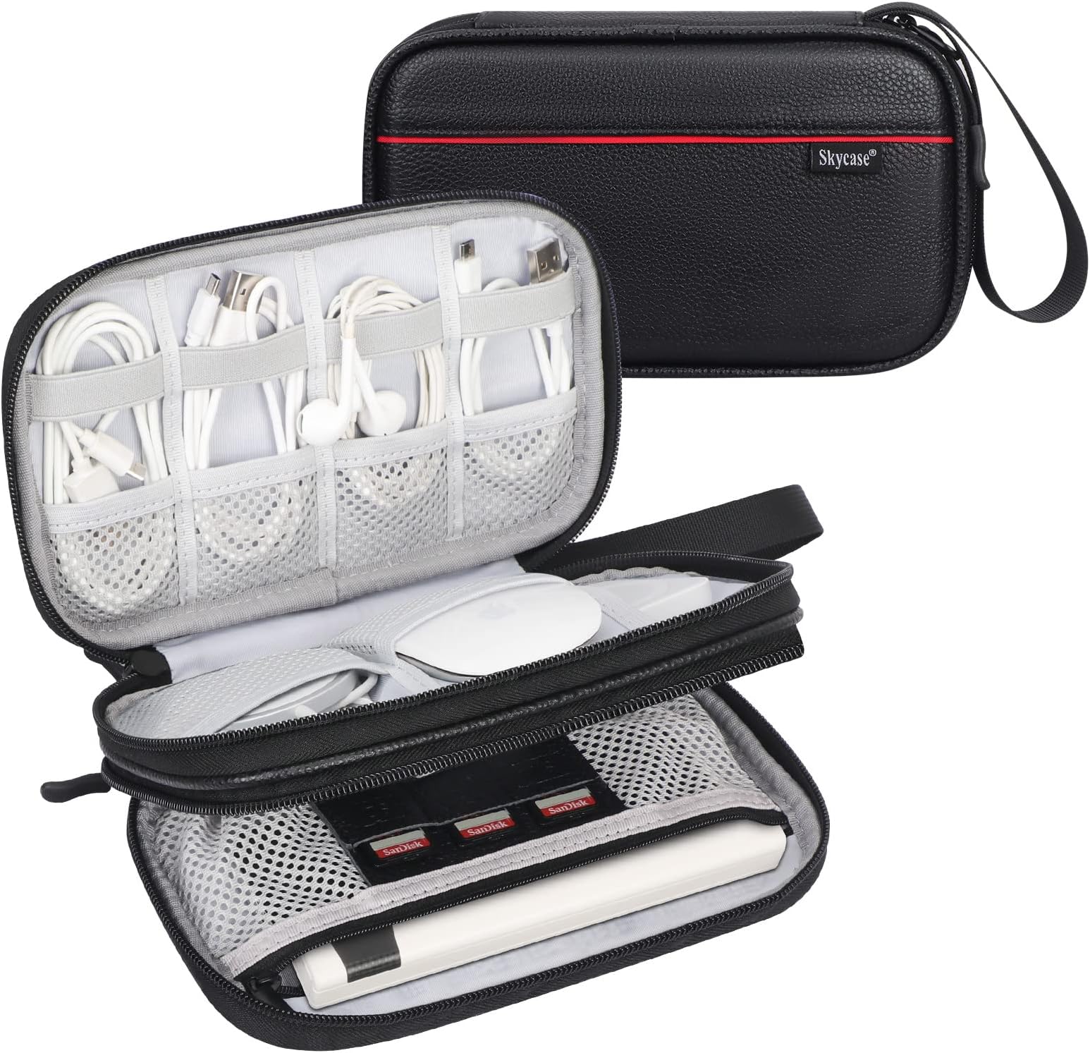 SkycaseElectronic Organizer, [Cowhide Genuine Leather] Cable Organizer Travel Case,All-in-One Electronics Accessories Cases for Cables, Chargers, USB,Earphones, Hard Drives, Power Banks,Black