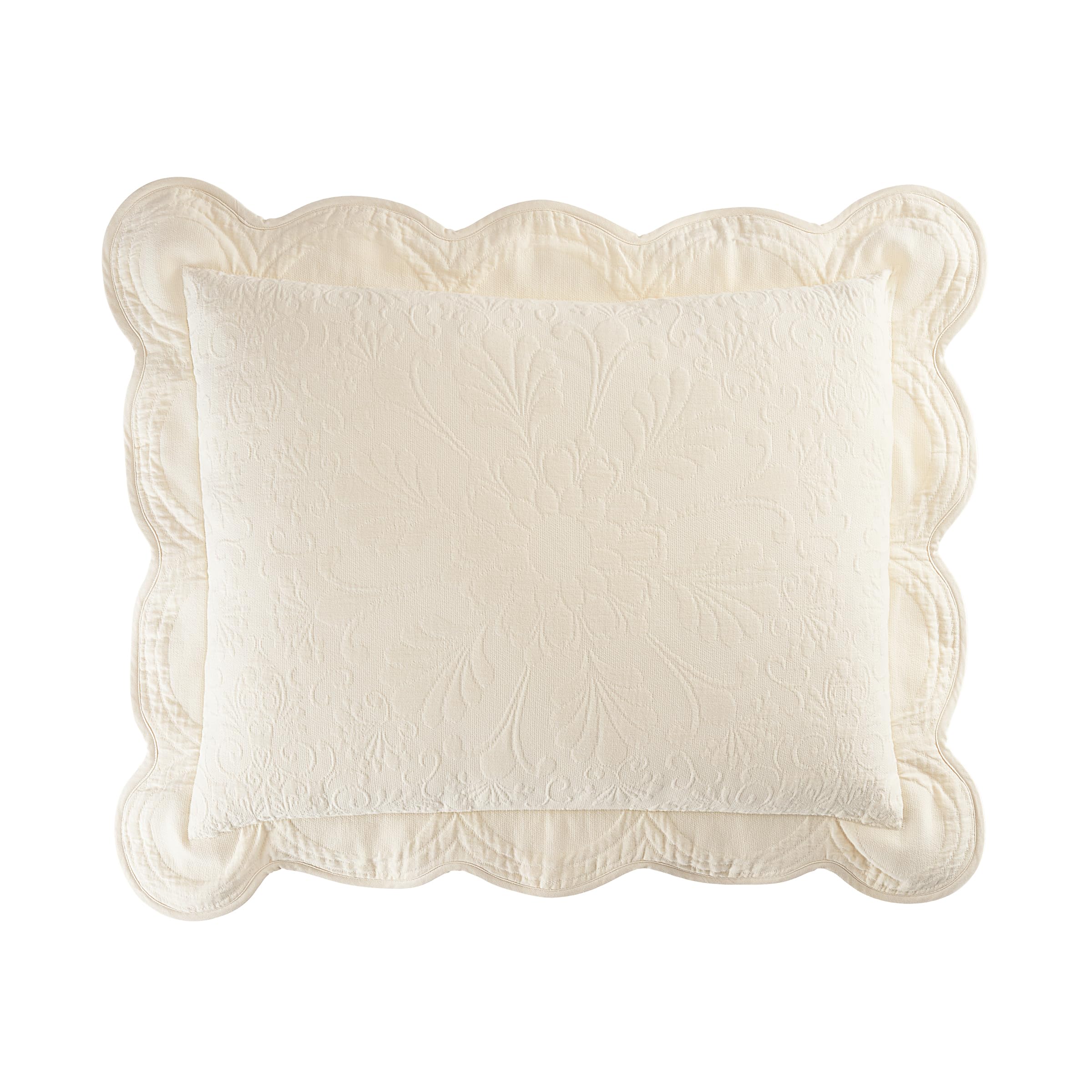 Historic Charleston Charleston Estate Modern Farmhouse Floral Matelasse Decorative Pillowcase with Scalloped Edges, 100% Cotton Breathable Bedding, King Sham (20" x 36"), Ivory Floral