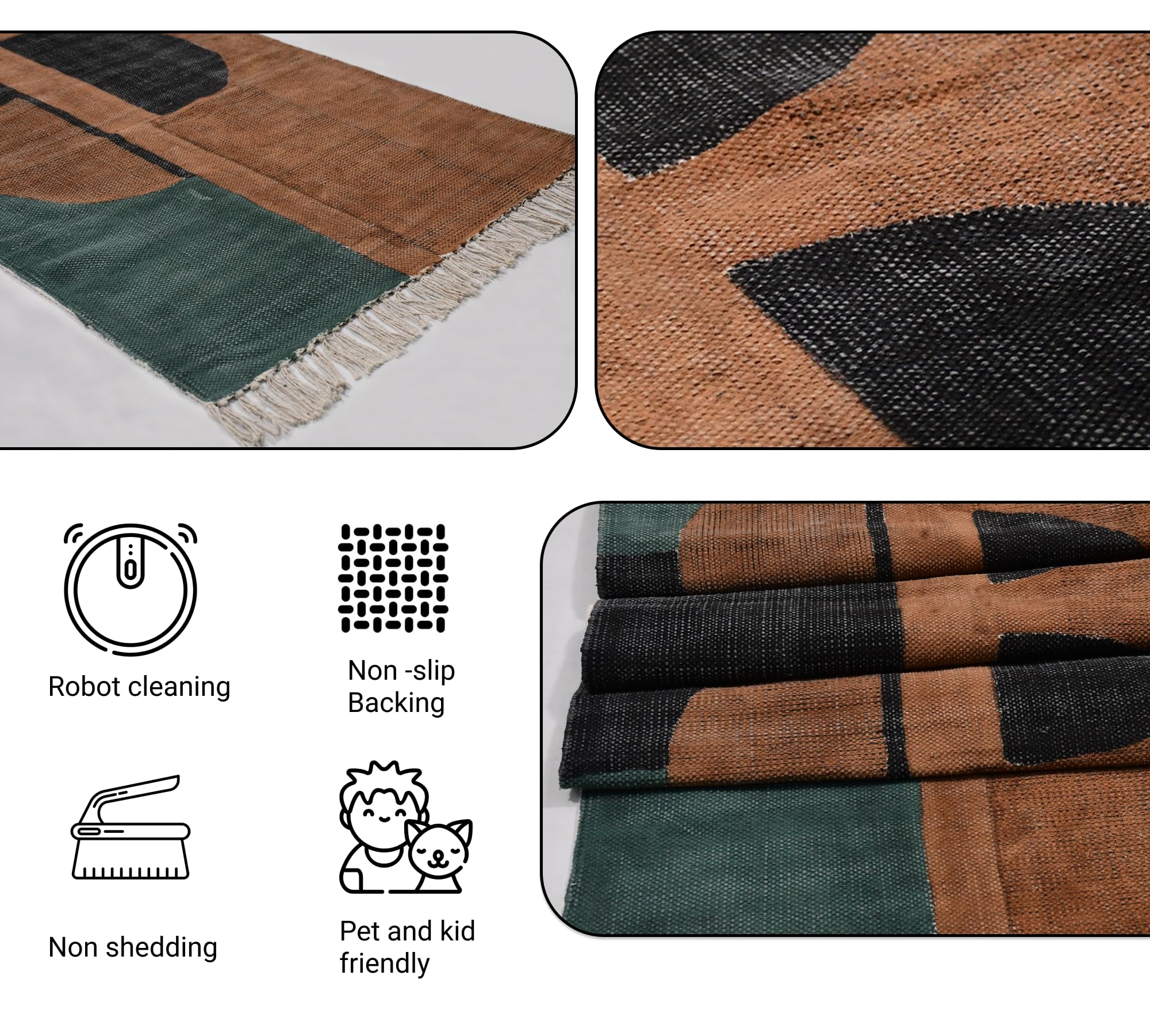 Area Rug Collection Baumwoll-Läufer, 122 x 30 cm, Schwarz und Braun, Halbmond-Designer-Baumwoll-Teppich für Schlafzimmer, Eingang, Haustür, Läufer für Bauernhaus, Küche, Waschküche
