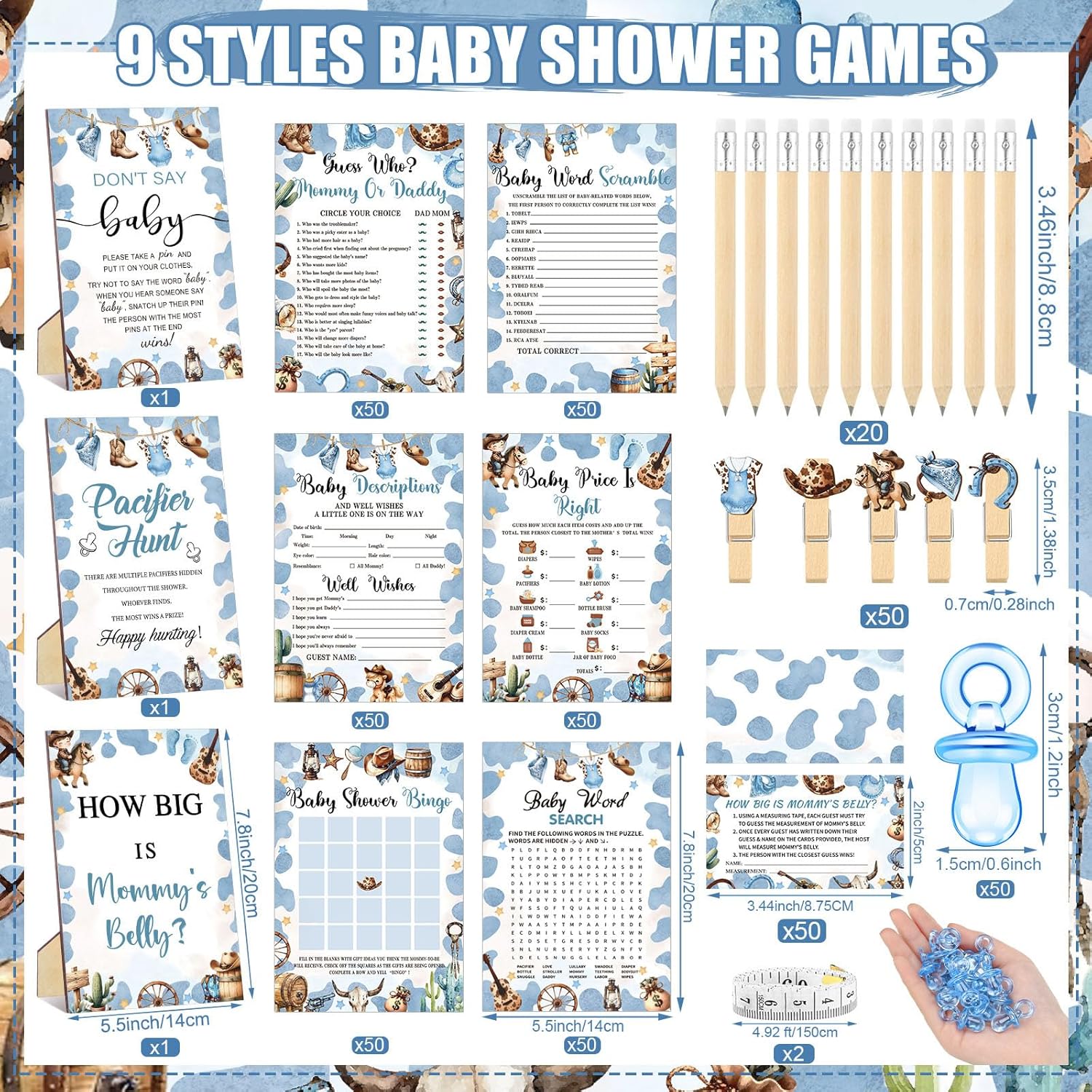 Sherr 476 Pcs Blue Cowboy Baby Shower Games 6 Sets Activities Card Pacifier Hunt Game 50 Pacifier How Big Is Mommy's Belly Sign 50 Guessing Card 2 Measuring Tape Don't Say Baby Sign 50 Clothespin