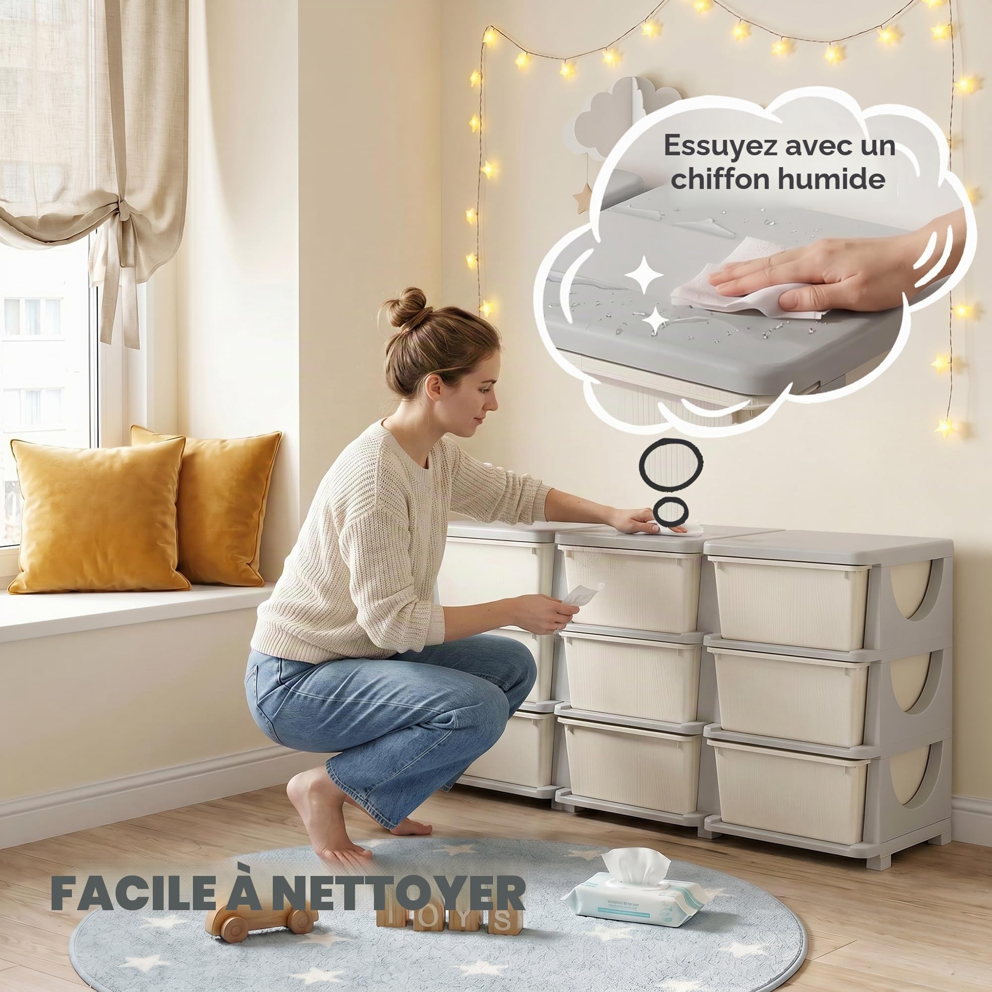 HOMCOM Meuble de rangement en plastique à 9 tiroirs, meuble de rangement pour enfants à 3 niveaux, coffre à jouets pour enfants pour la chambre d'enfants, la salle de jeu, la chambre à coucher, crème