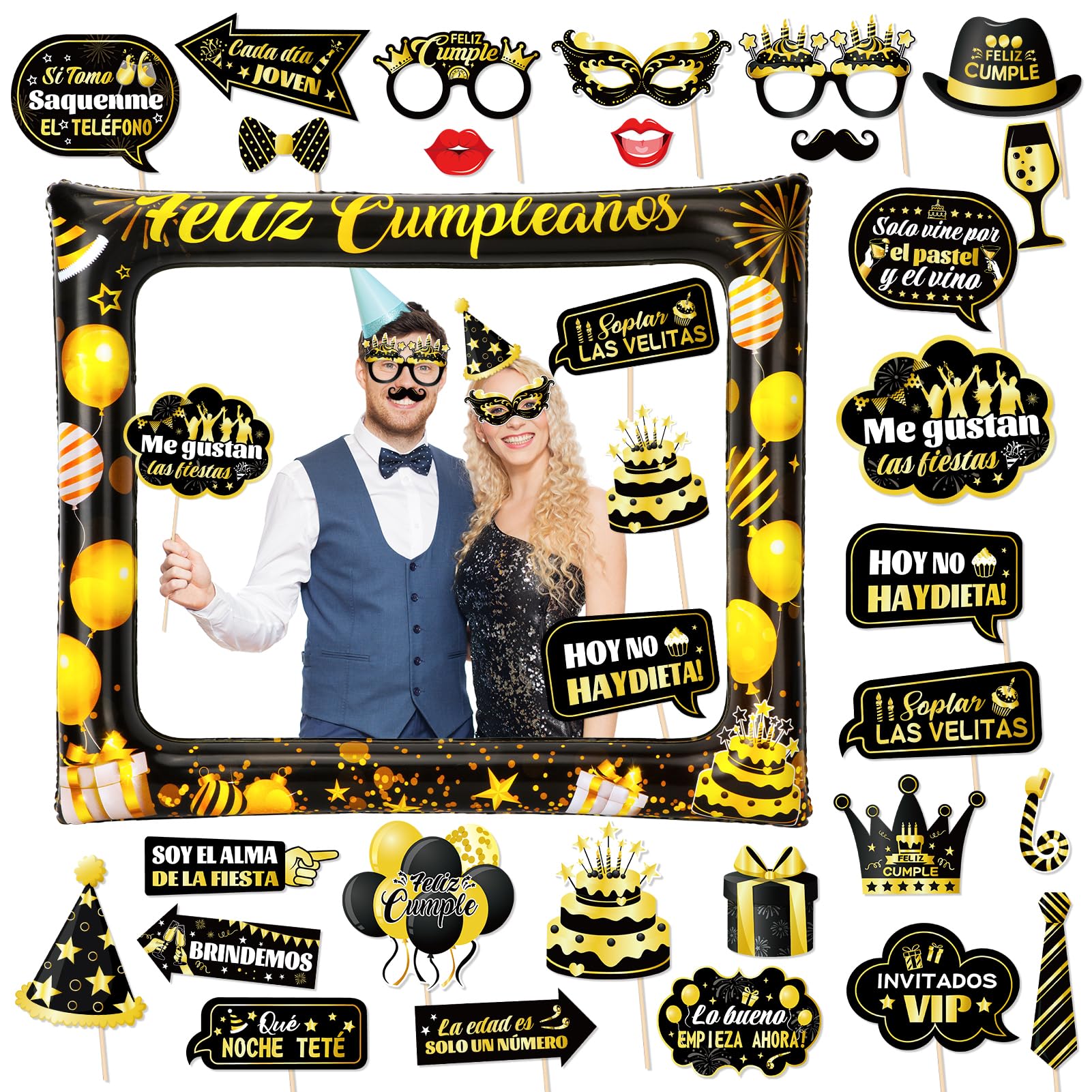HOWAF Photocall Feliz Cumpleaños Español 28Pcs Accesorios Photocall Cumpleaños Foto Props Fotomaton + Marco de Fotos Hinchable Fotocoll de Cumpleaños para Decoración de Fiesta Cumpleaños Oro Negro