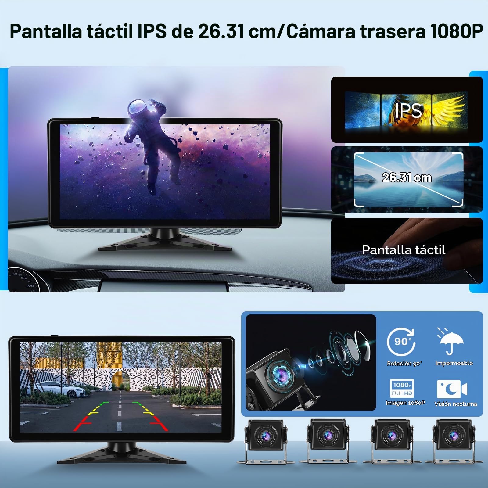 Hodozzy 4 Cámara de Visión Trasera para 10.36'' Monitor Pantalla 4-Dividido 1080P DVR con Bluetooth, con USB/Tarjeta SD, IP69 Impermeable Visión Nocturna para Camión RV Tractor 7V-32V