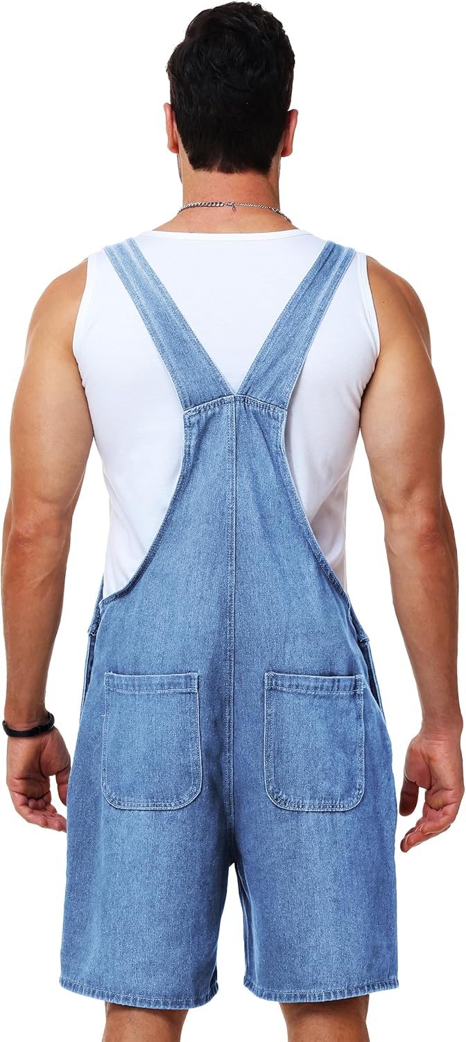 Men Denim Shorts Overalls Solid Color Bib Jumpsuit Jeans Coveralls with Pockets