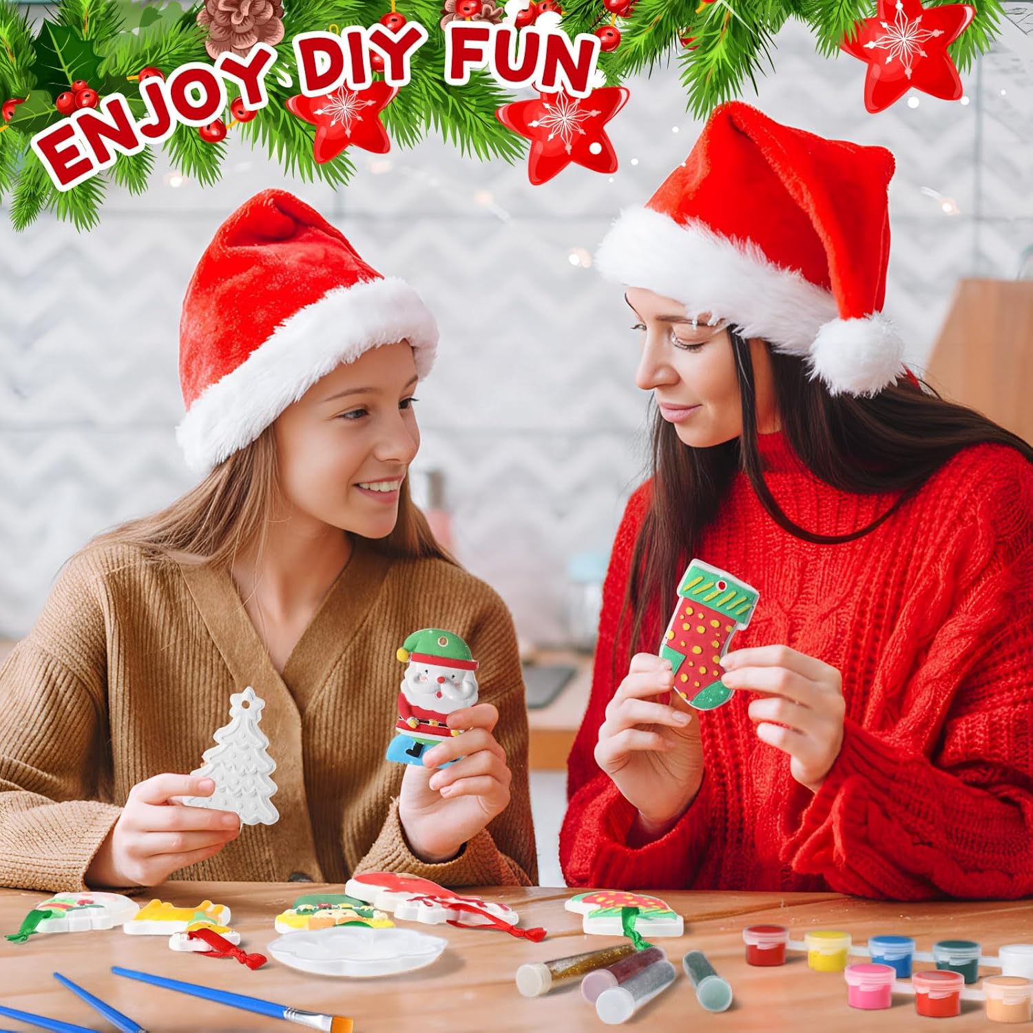Capoda 24 Sets Christmas Ceramic Ornaments to Paint for Adult Ready to Paint Your Own Ceramic Figurines Snowman Gingerbread Man Xmas Tree Santa Plaster DIY Paintable Crafts Kit Christmas Holiday Gifts