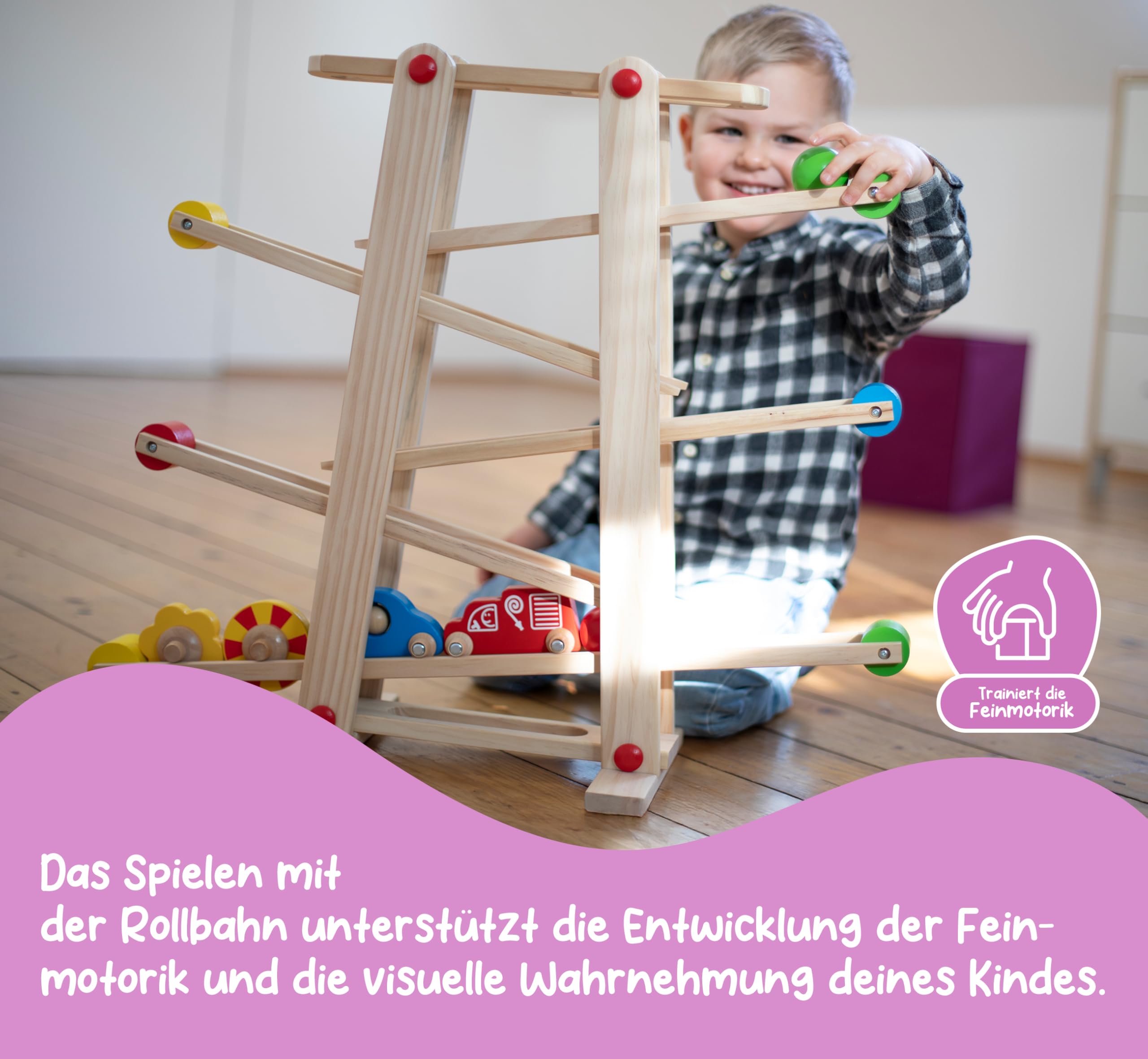 Eichhorn 100002029 Große Rollbahn aus Kiefernholz, 7-teilig, mit 6 Rollelementen, Kugelbahn für Kinder ab 1 Jahr, Größe: 67 x 56 cm