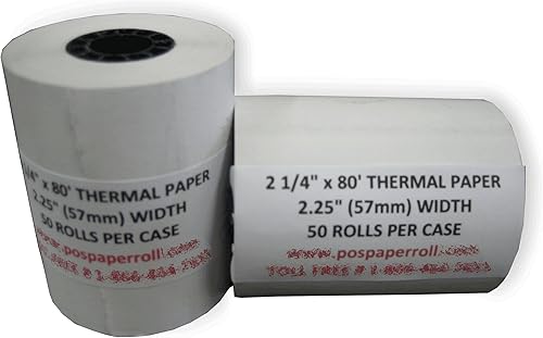 Papel térmico de 2 1/4" x 80 pies (50 rollos) - Funciona para impresoras Verifone: Tranz 420, Vx510, Vx510LE, Vx570