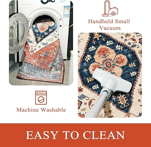 Miniatura 4 de Lahome Alfombra bohemia lavable de 5 pies redonda, alfombra redonda antideslizante ultradelgada, alfombra oriental vintage envejecida para comedor,